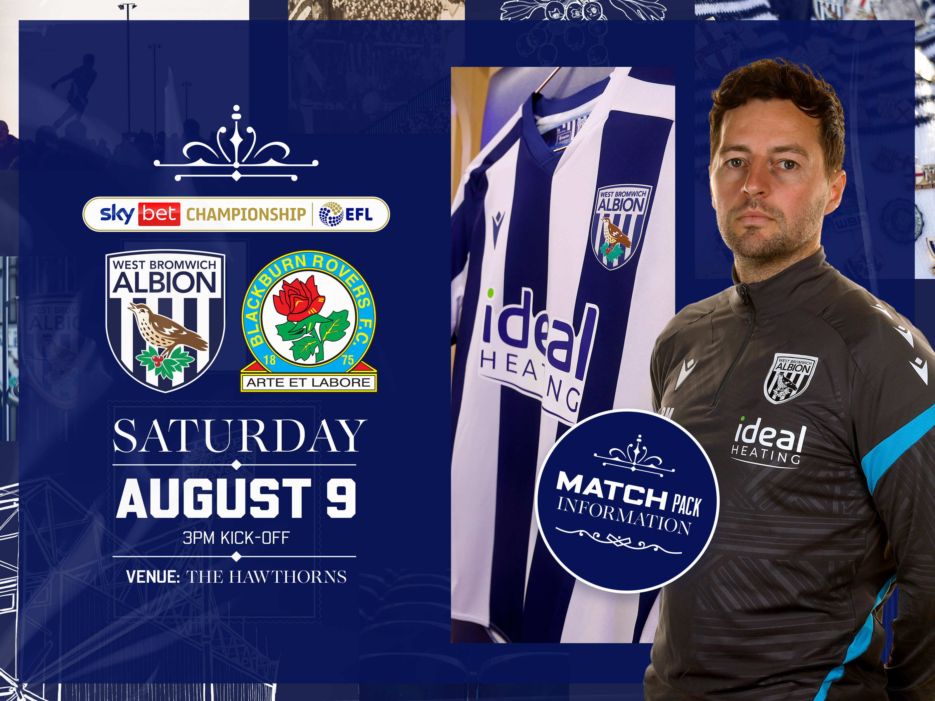 Albion v Blackburn match pack graphic with both club badges on, a picture of a home shirt and an image of Ryan Mason looking at the camera 