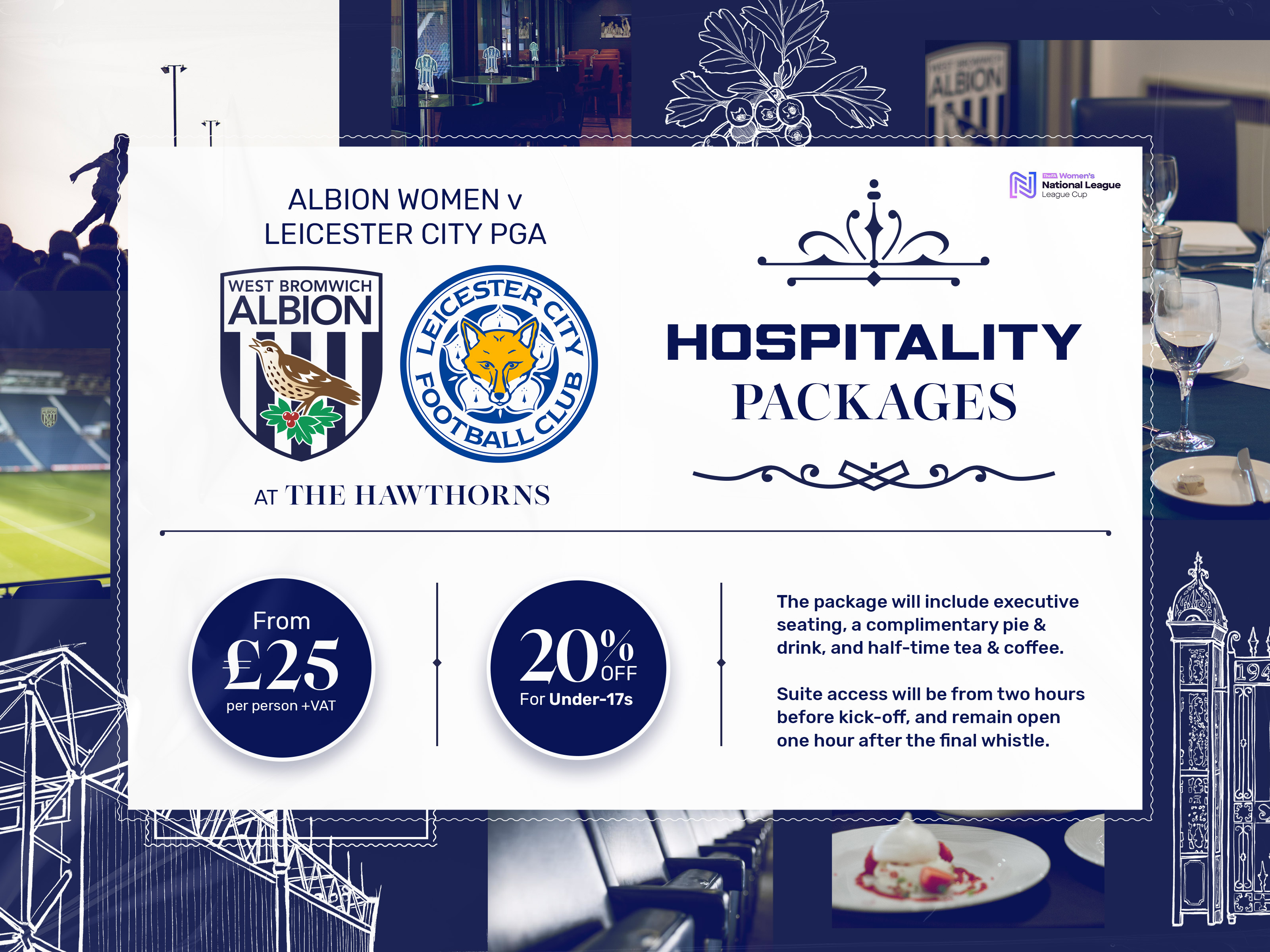 A ticket graphic displaying information for Albion Women's game against Leicester in the FAWNL Cup