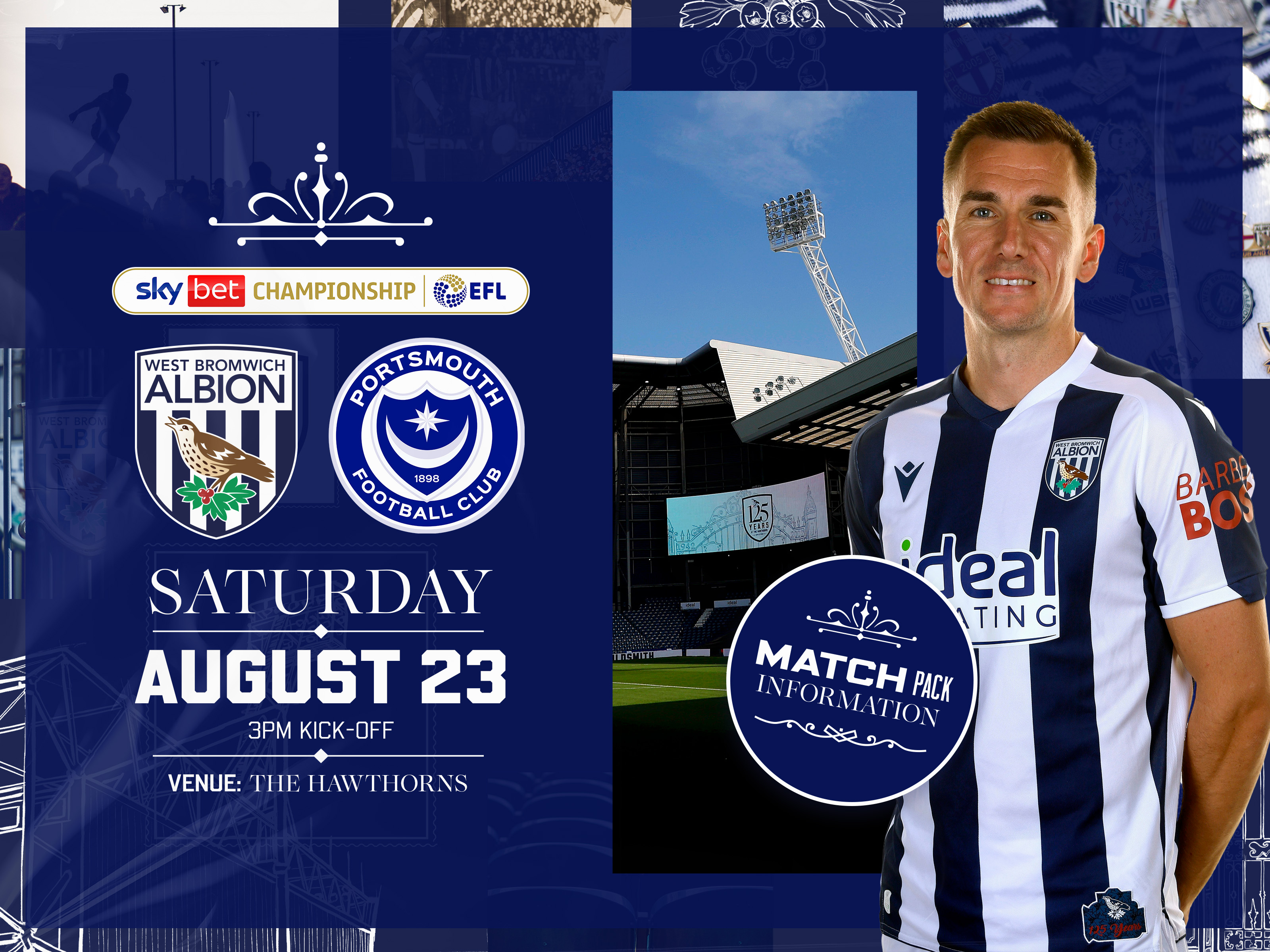 Home match pack graphic for Portsmouth with both club badges on, an image of The Hawthorns and an image of Jed Wallace in the home kit smiling and looking at the camera 