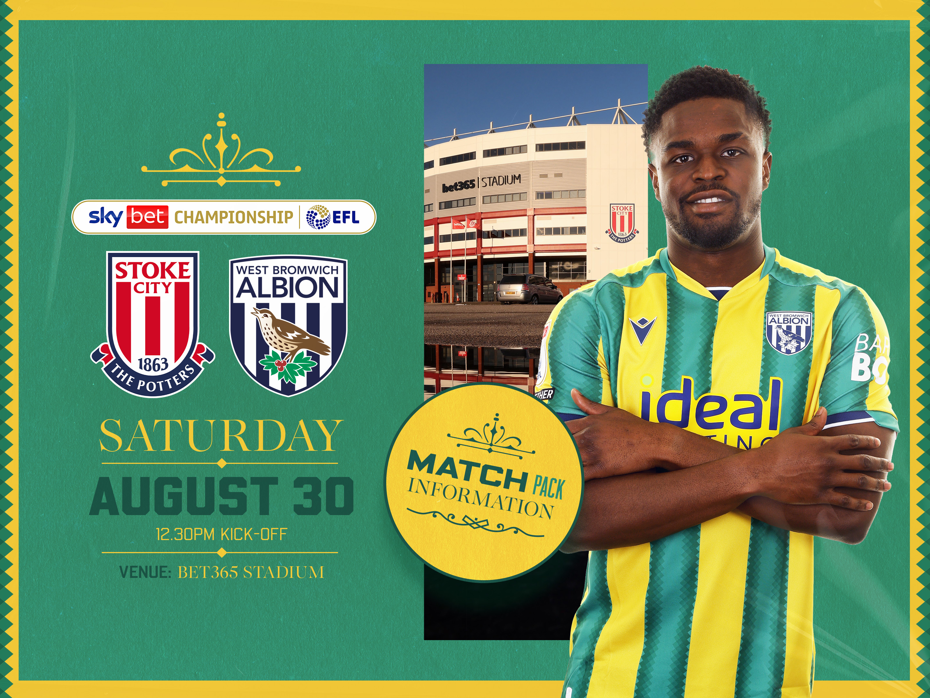 Away match pack graphic in green and yellow colours for Stoke game with both club badges on, an image of the bet365 Stadium and Josh Maja in the green and yellow kit smiling at the camera with his arms crossed 