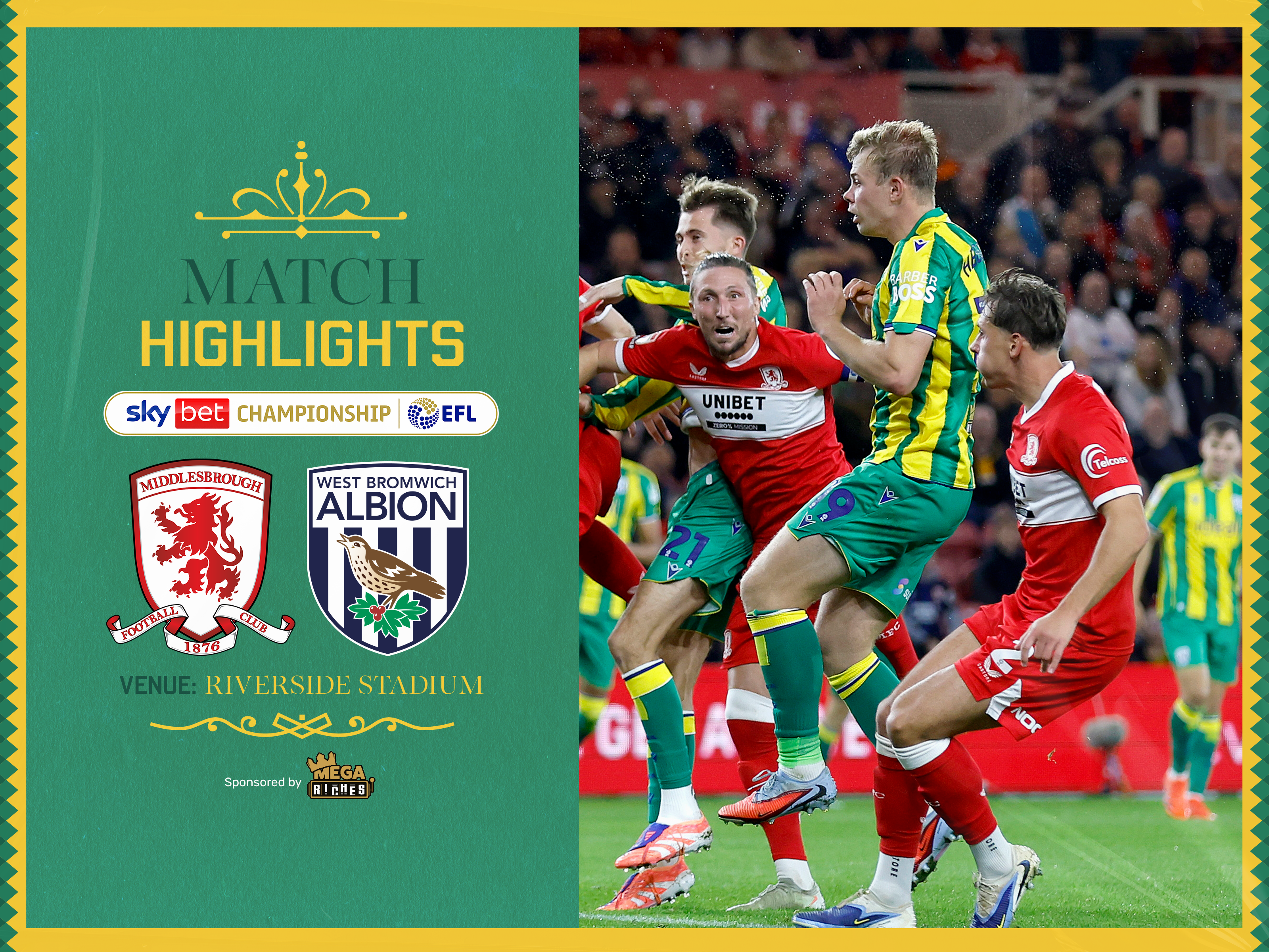 A match highlights graphic in the 2025/26 green an yellow away colours, showing the badges of Middlesbrough and Albion and a photo of Aune Heggebo