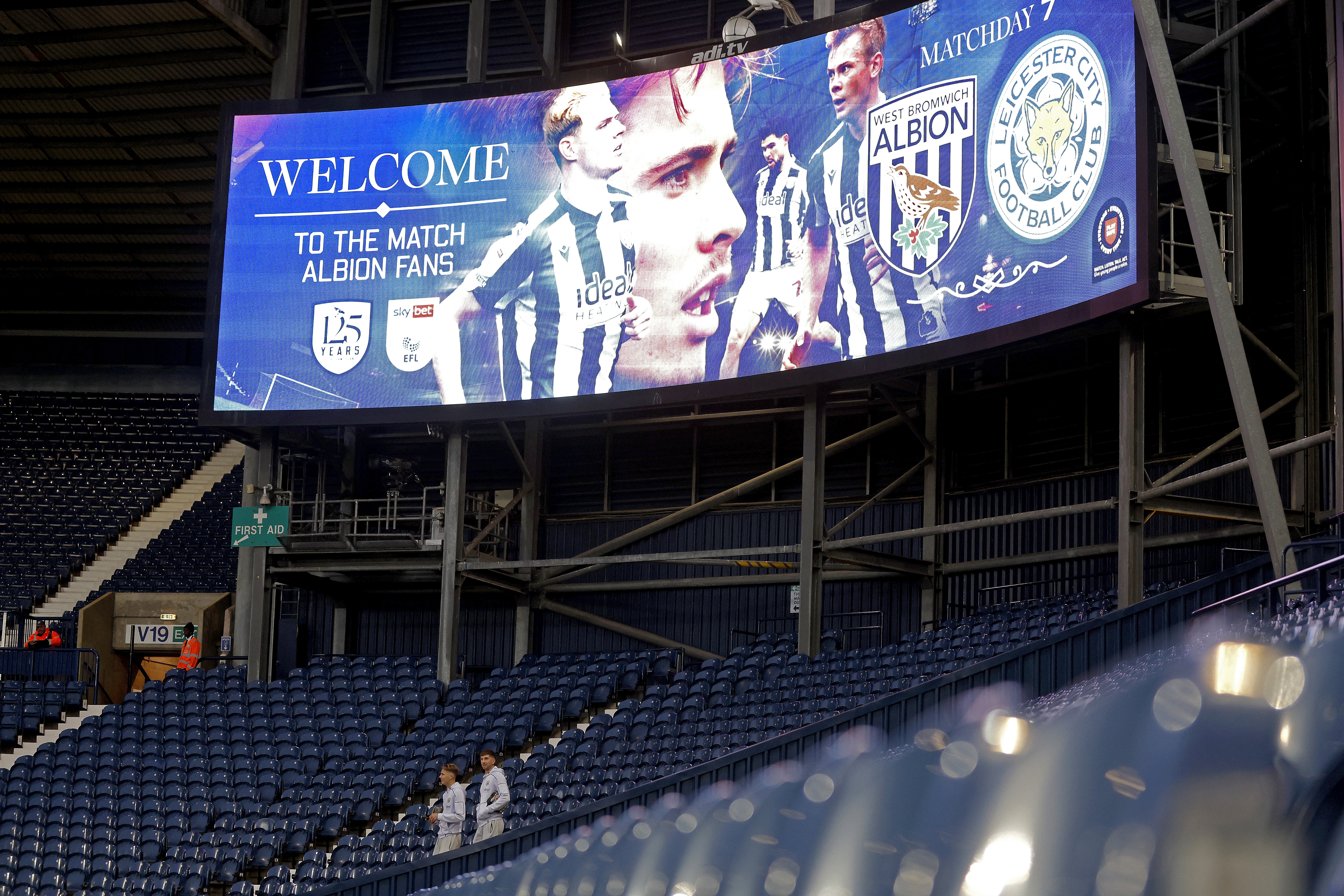 The match poster on the big screen at The Hawthorns for WBA vs Leicester 