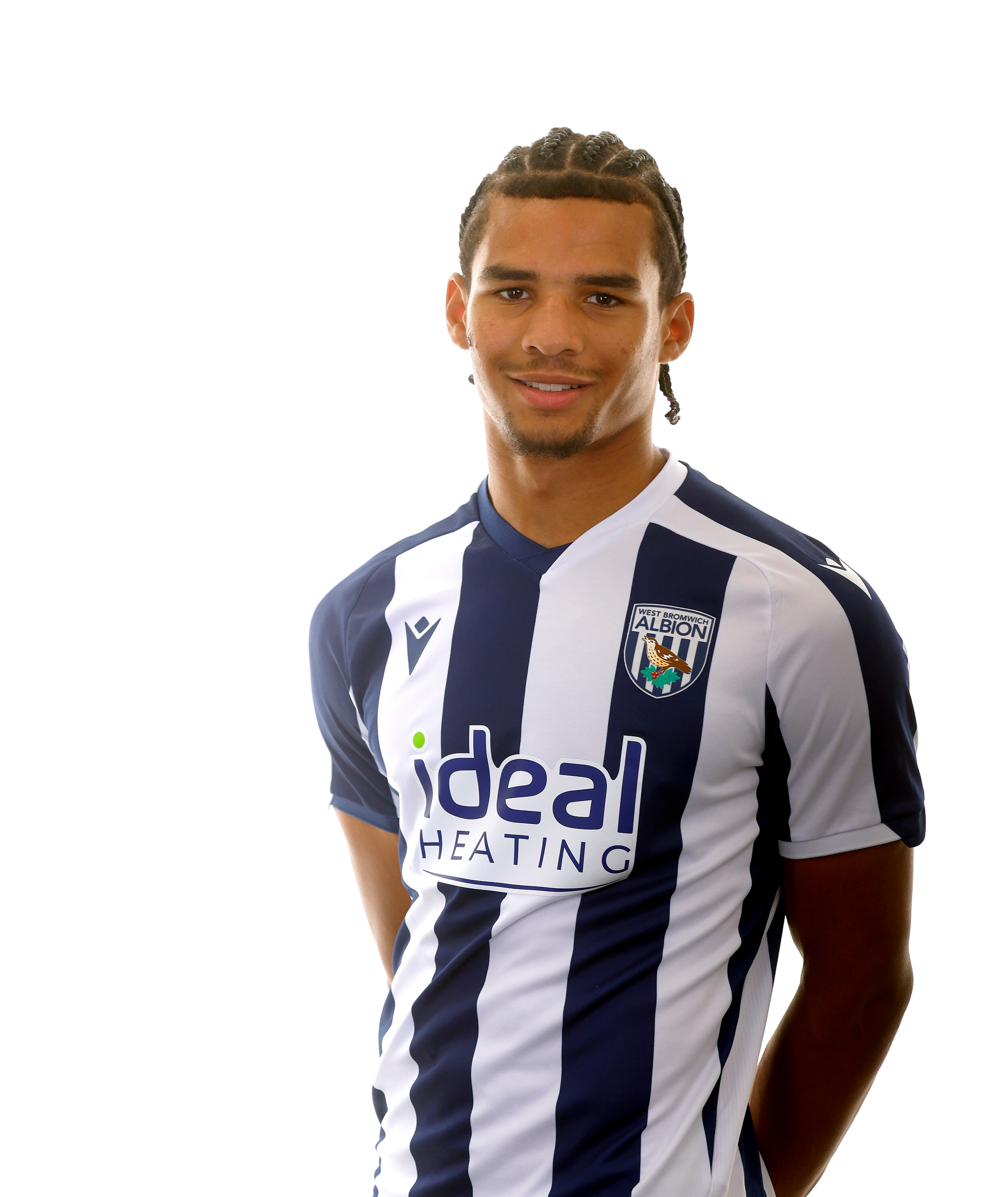 A photo of Albion U18 defender Antonio Perkins in the 2025/26 home kit