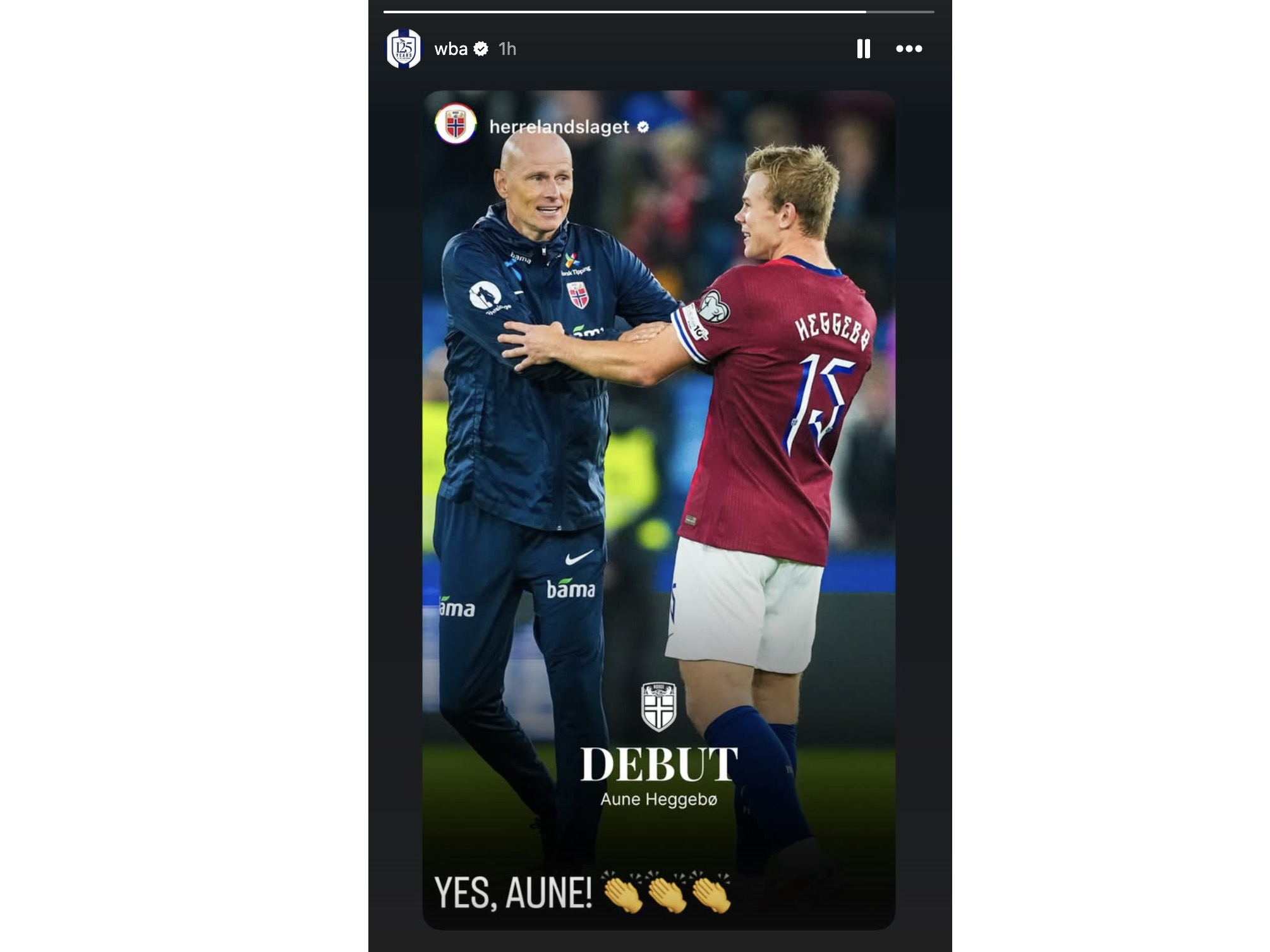 An Instagram post from WBA of Aune Heggebø's Norway debut