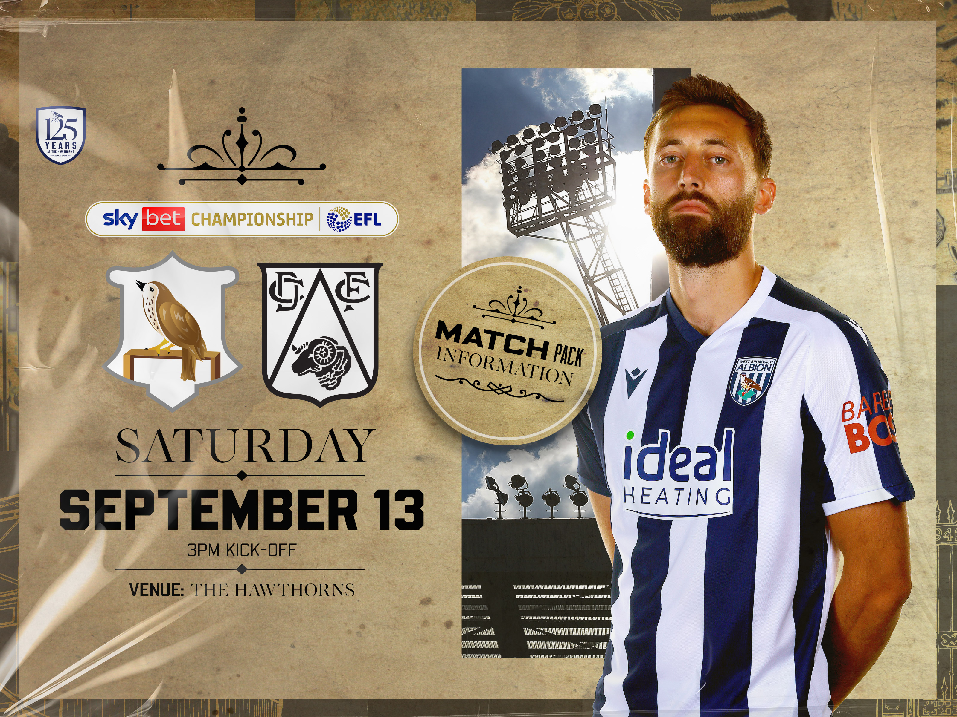 WBA v Derby match pack graphic with 125 anniversary branding and both original badges with an image of The Hawthorns and Nat Phillips in the home kit looking at the camera 