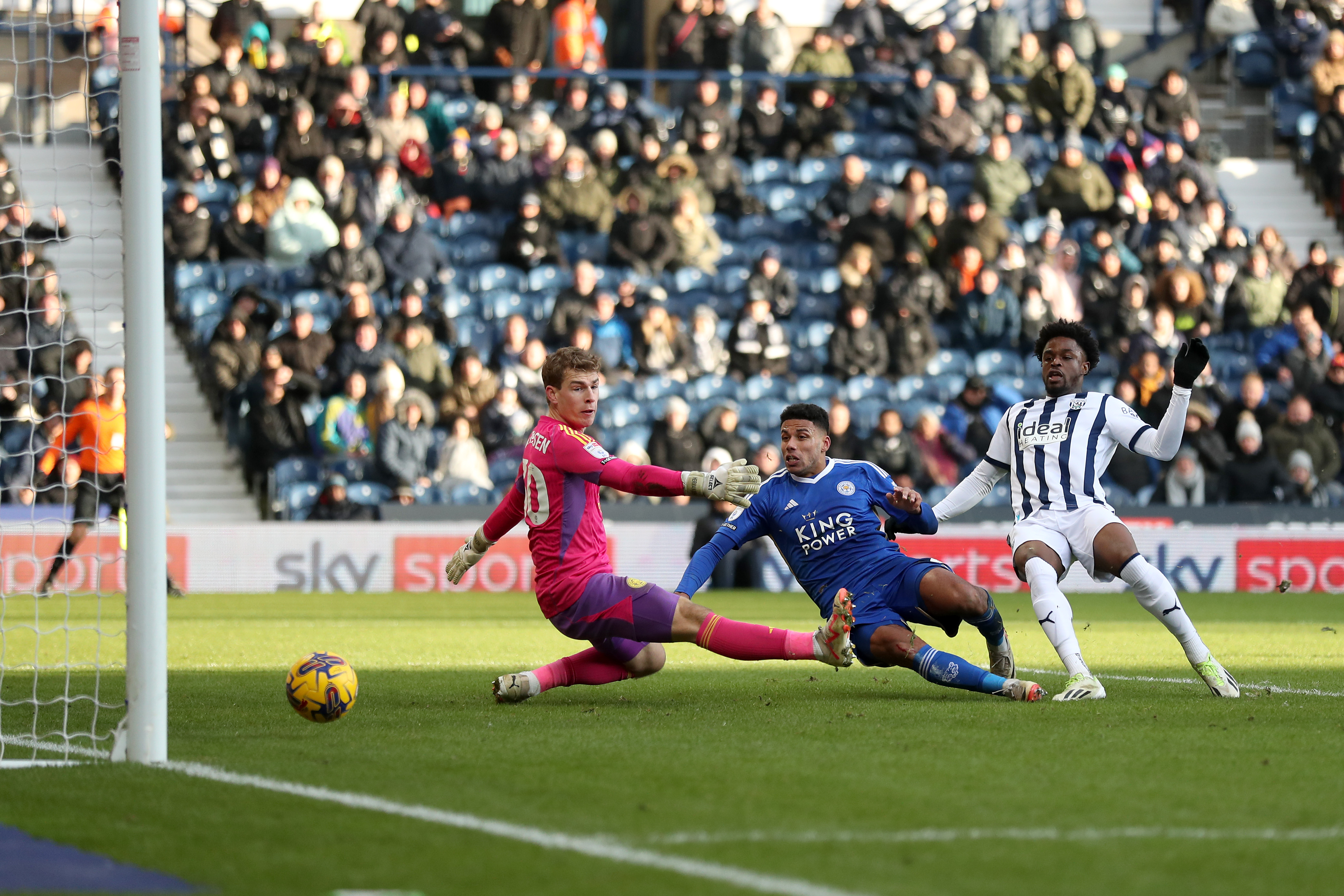 Josh Maja scores against Leicester at The Hawthorns in December 2023