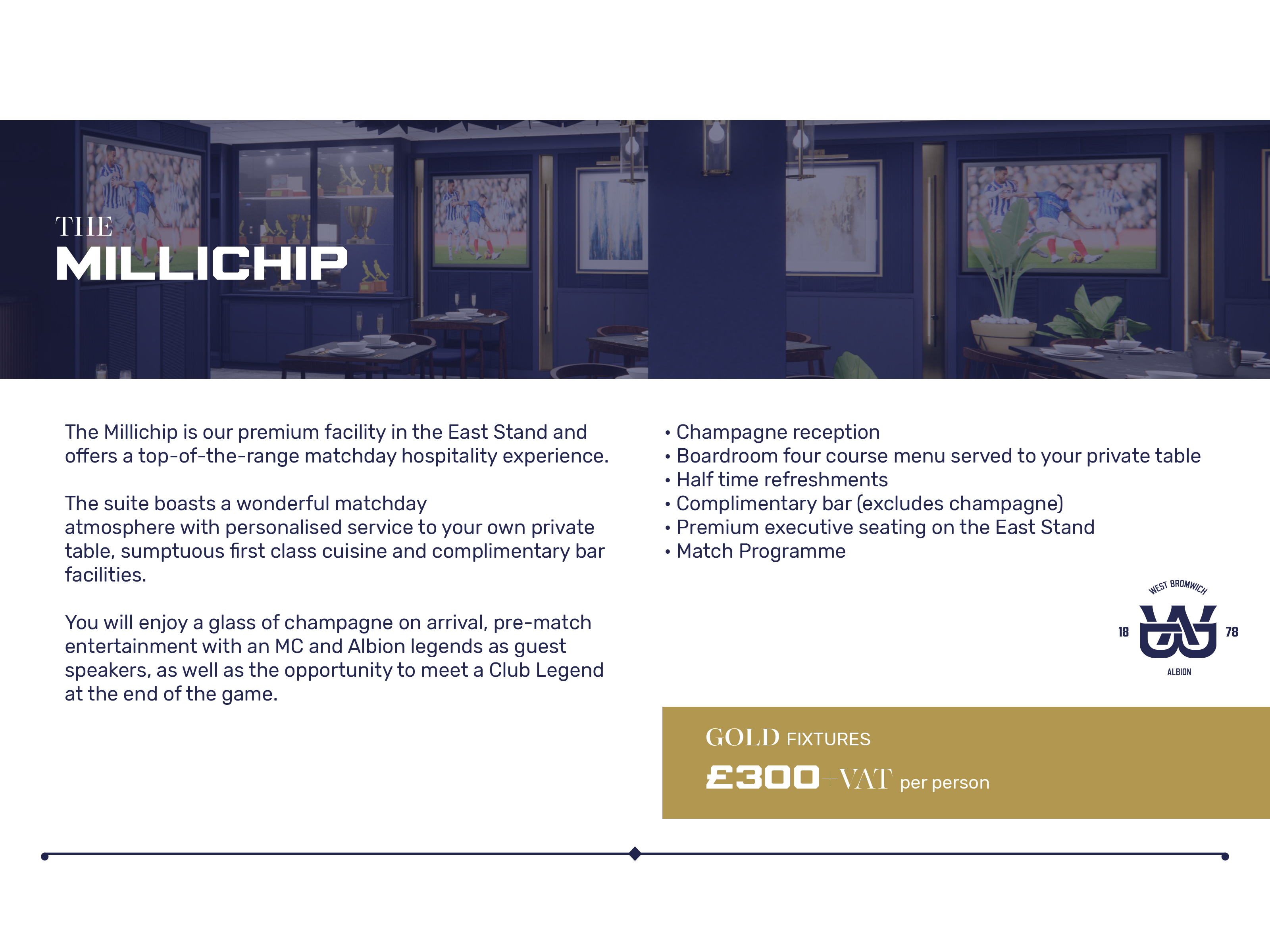 A graphic displaying gold hospitality details in the Millichip Suite