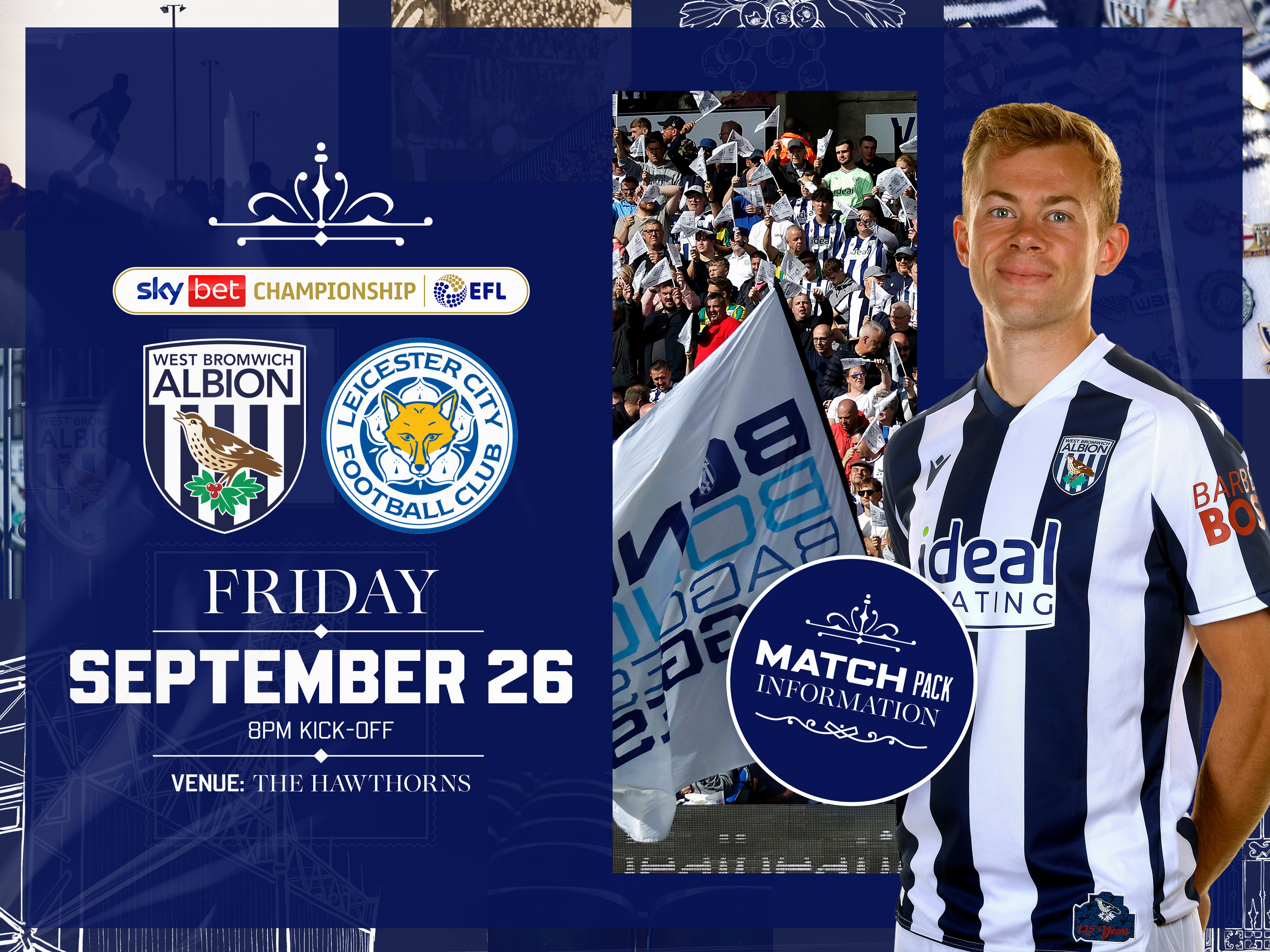 Home colour match pack graphic with WBA & Leicester badges on with an image of Aune Heggebø in the home kit smiling at the camera and an image of supporters in the stands with a big WBA flag 