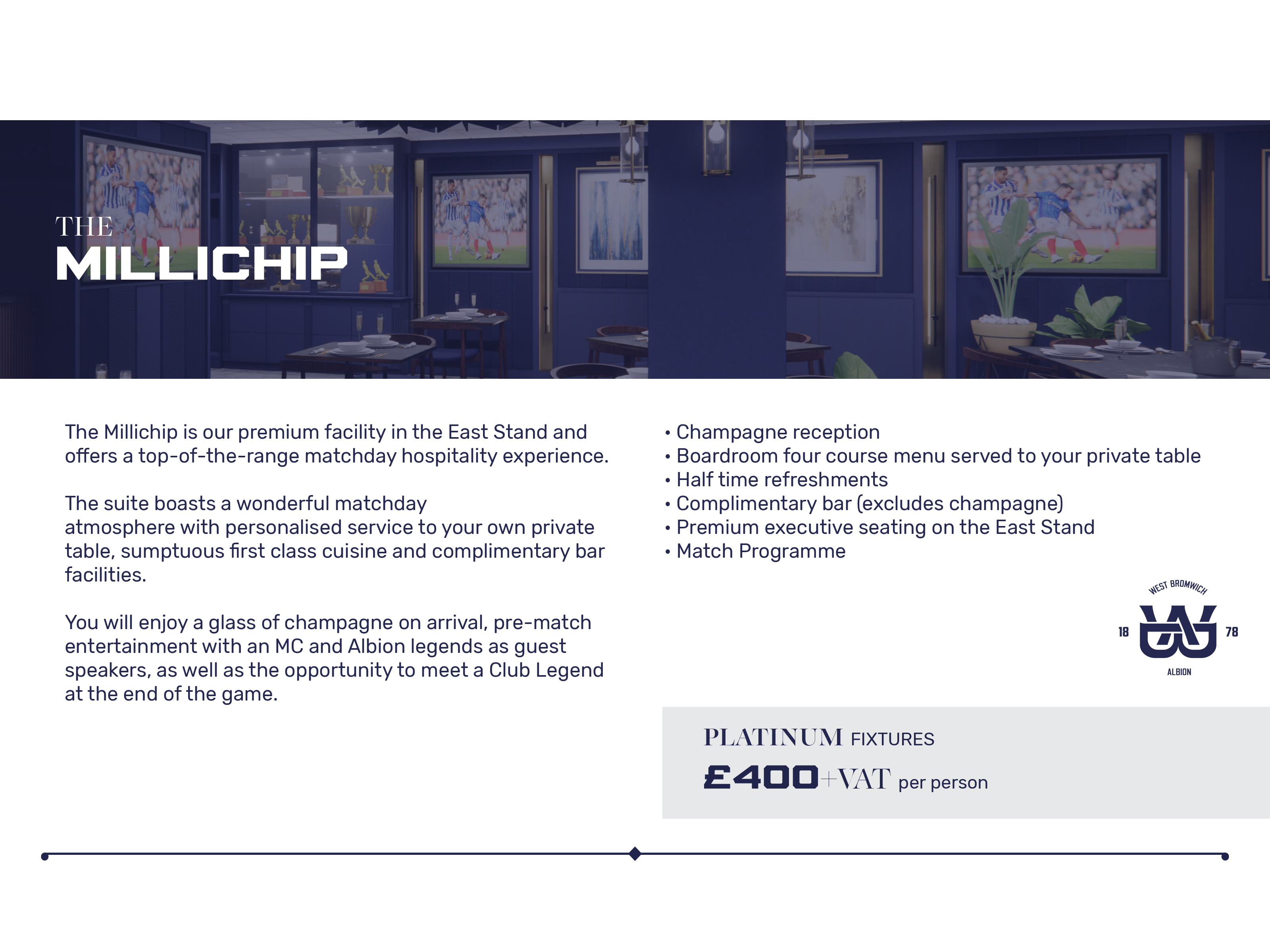 A graphic displaying platinum hospitality details for The Millichip Suite