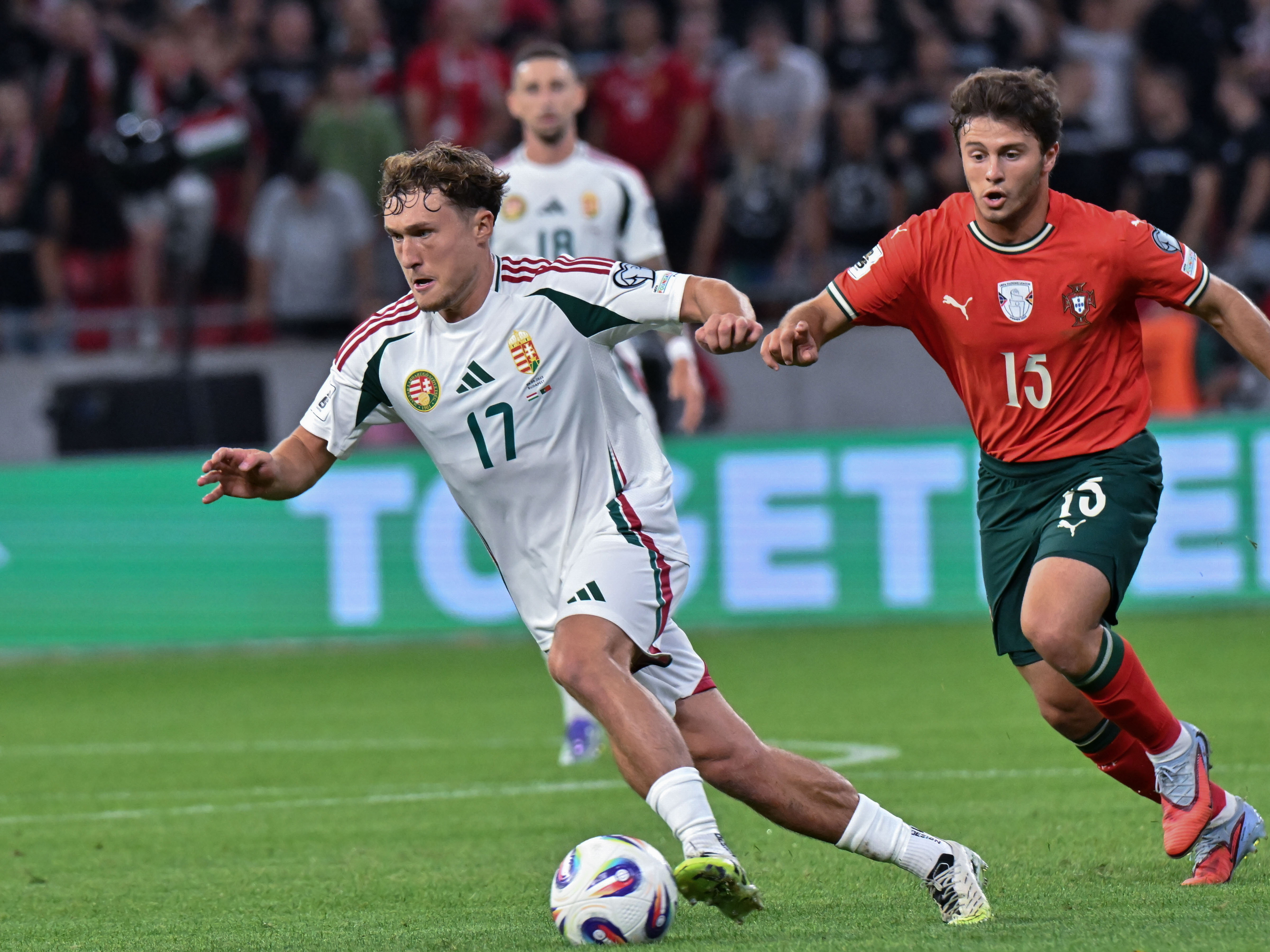 Callum Styles on the ball for Hungary against Portugal 
