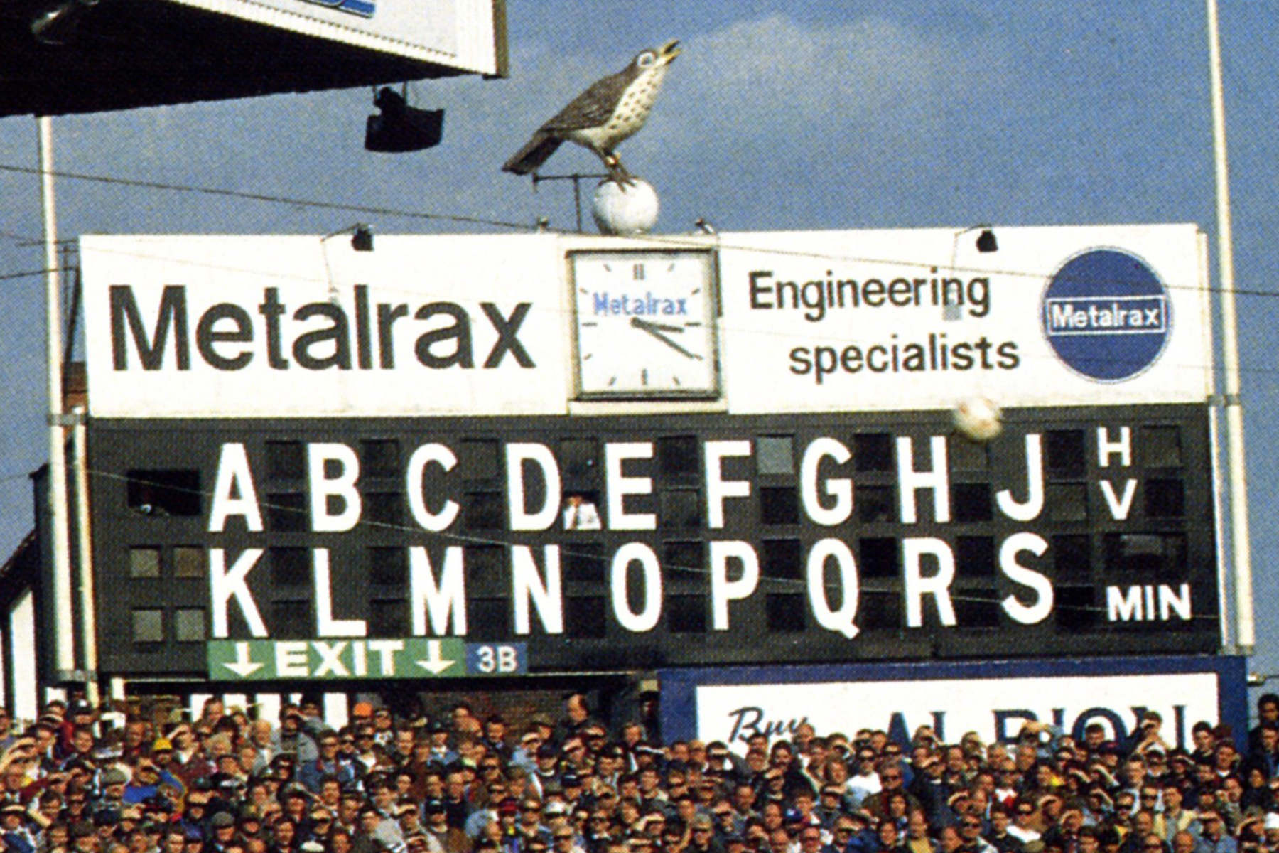 An old image of the Woodman Corner scoreboard at The Hawthorns