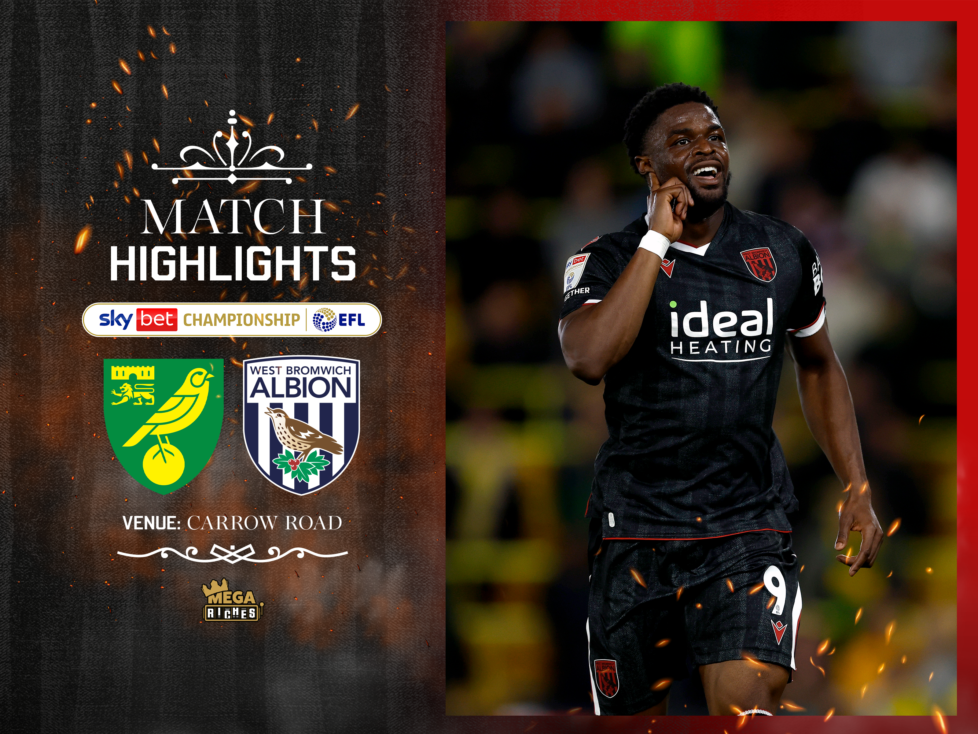 A photo of Josh Maja celebrating a goal in the black 2025/26 away kit in a match highlights graphic showing the badges of Albion and Norwich