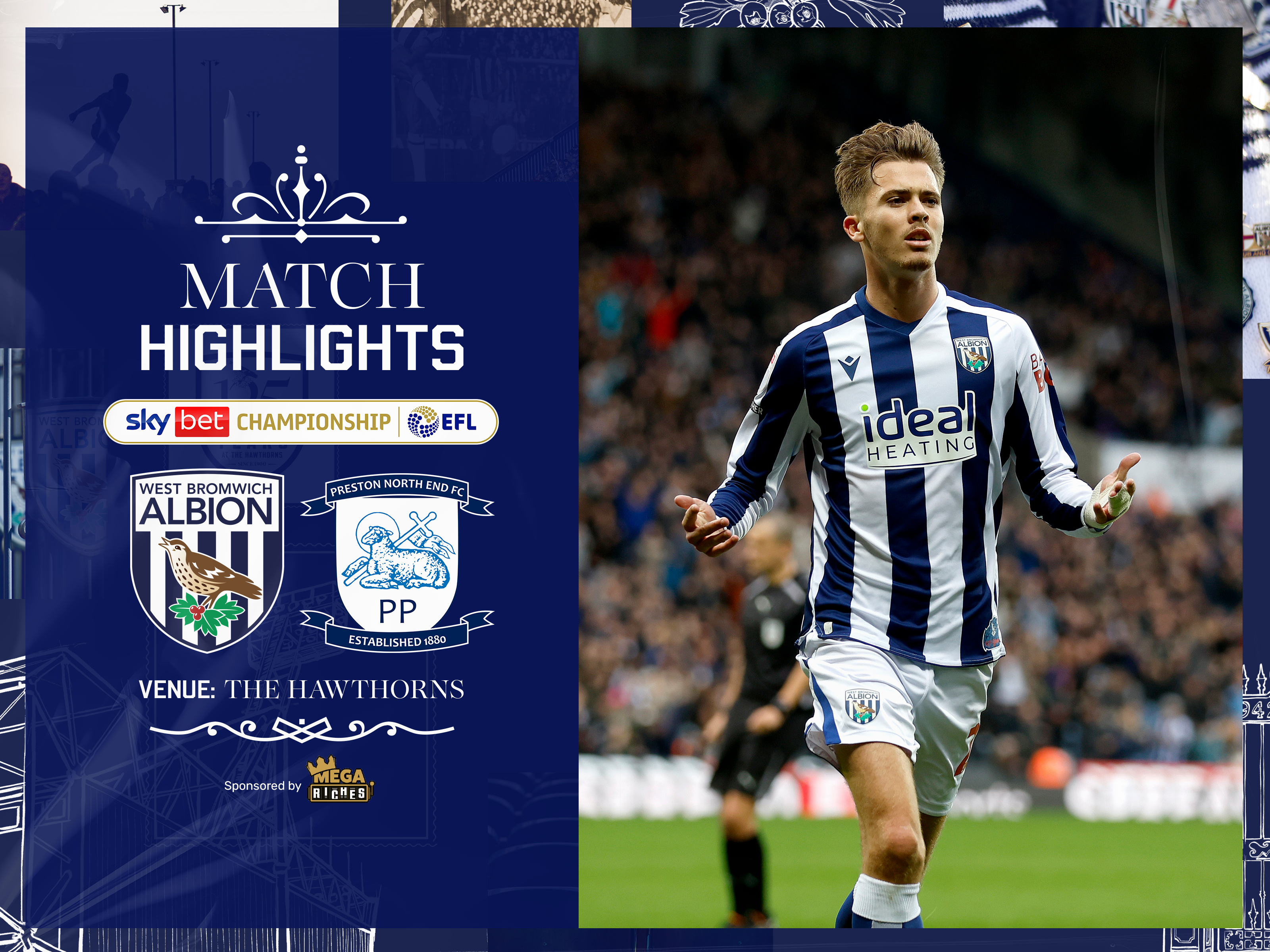 A photo of a match highlights graphic showing the badges of Albion and Preston, as well as a photo of Isaac Price in the 2025/26 home kit
