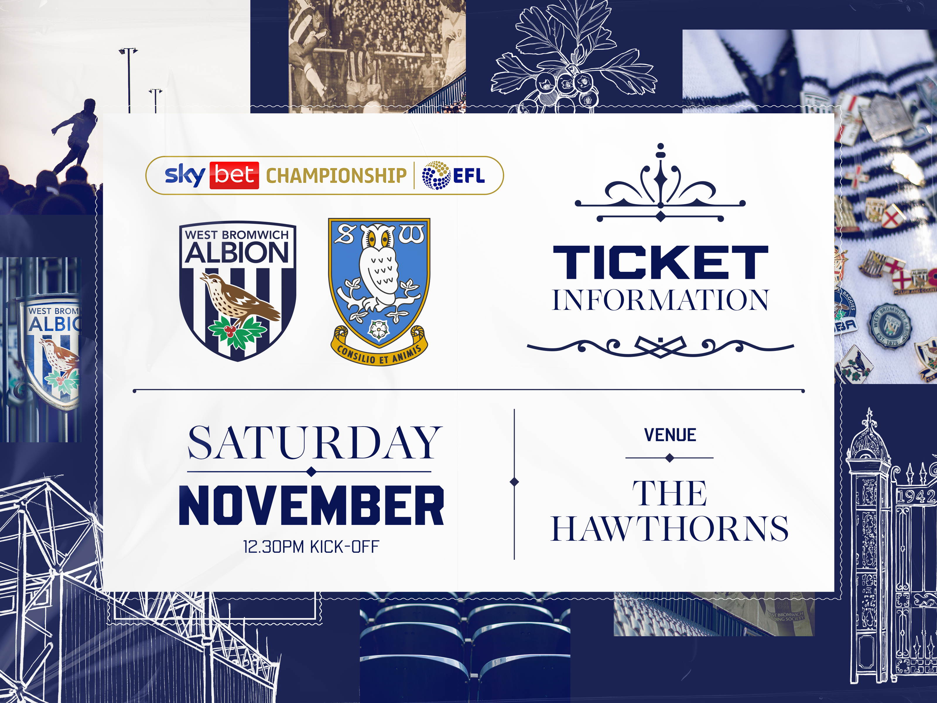 A ticket graphic displaying information for Albion's game against Sheffield Wednesday