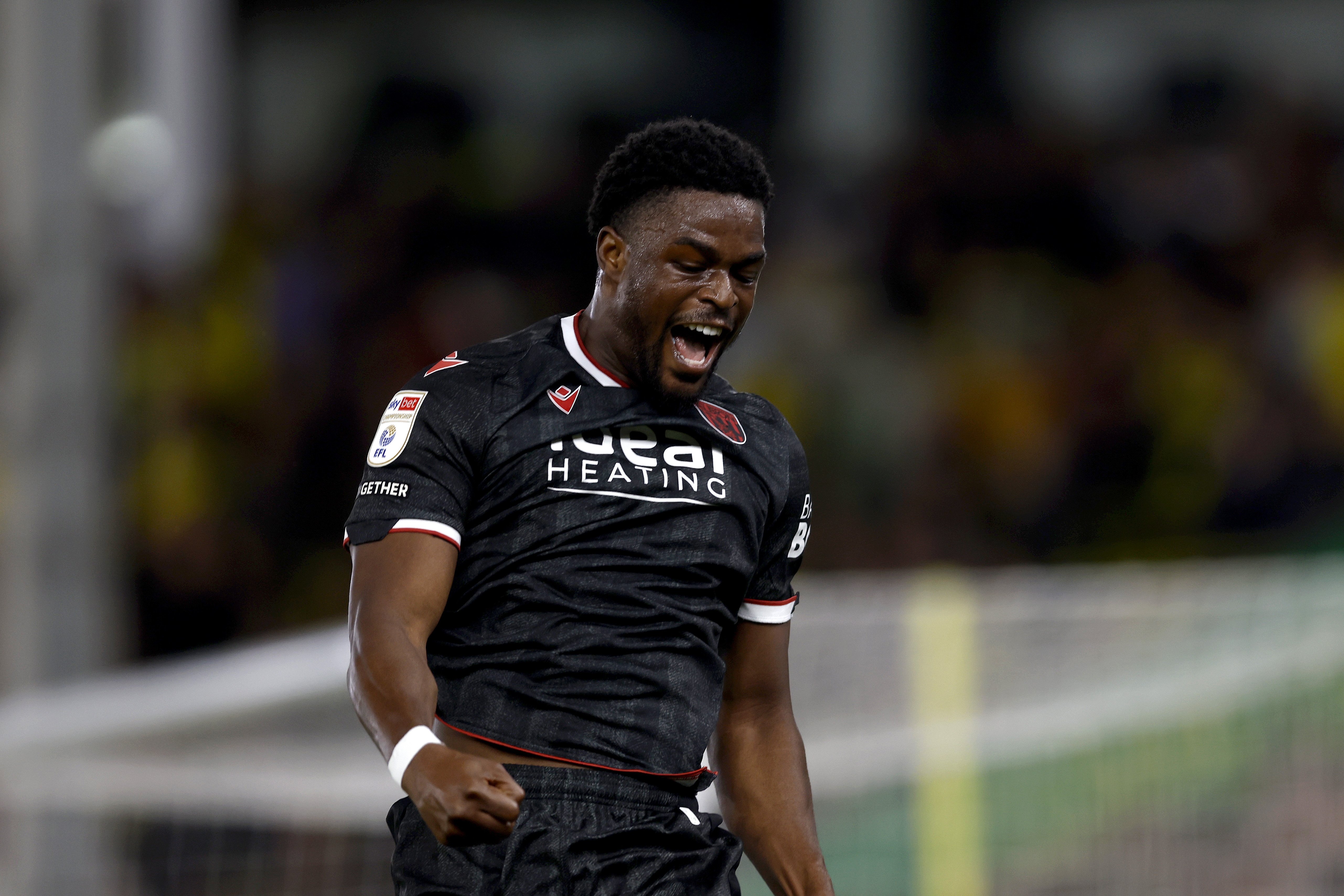 Josh Maja celebrates scoring against Norwich City
