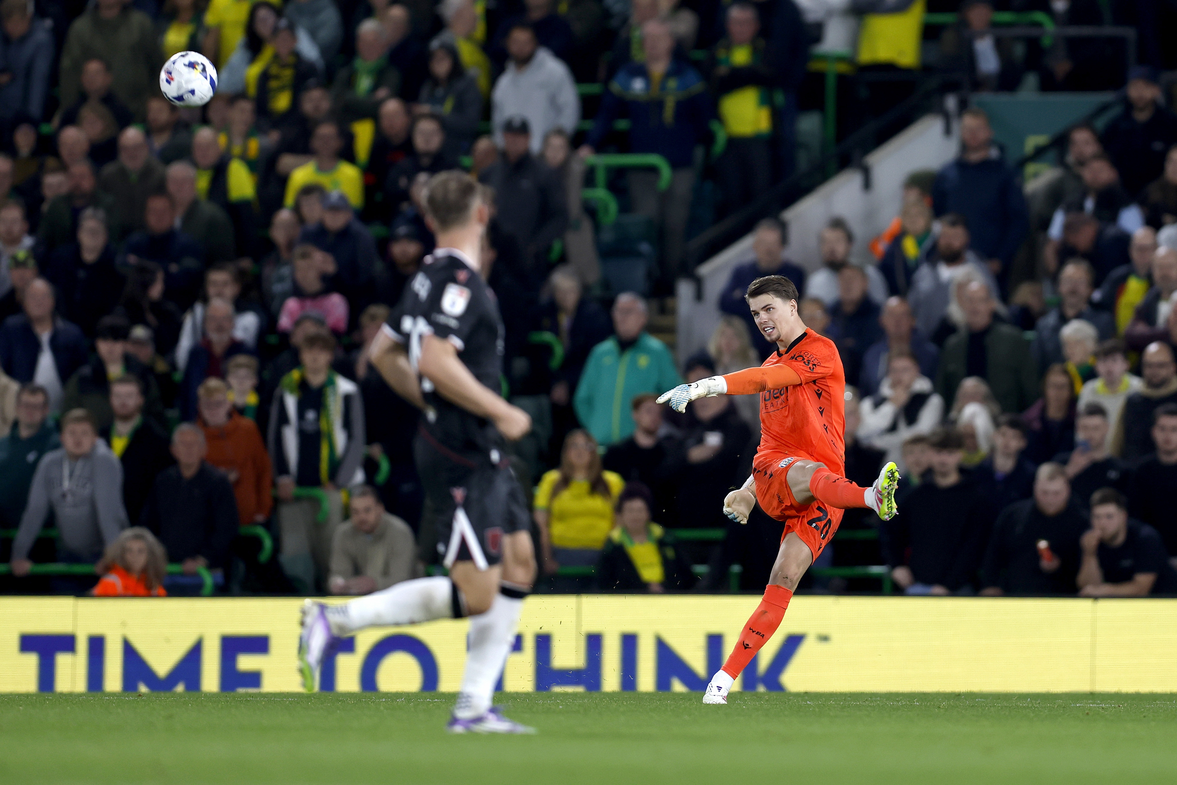 Josh Griffiths kicking the ball during the game against Norwich 