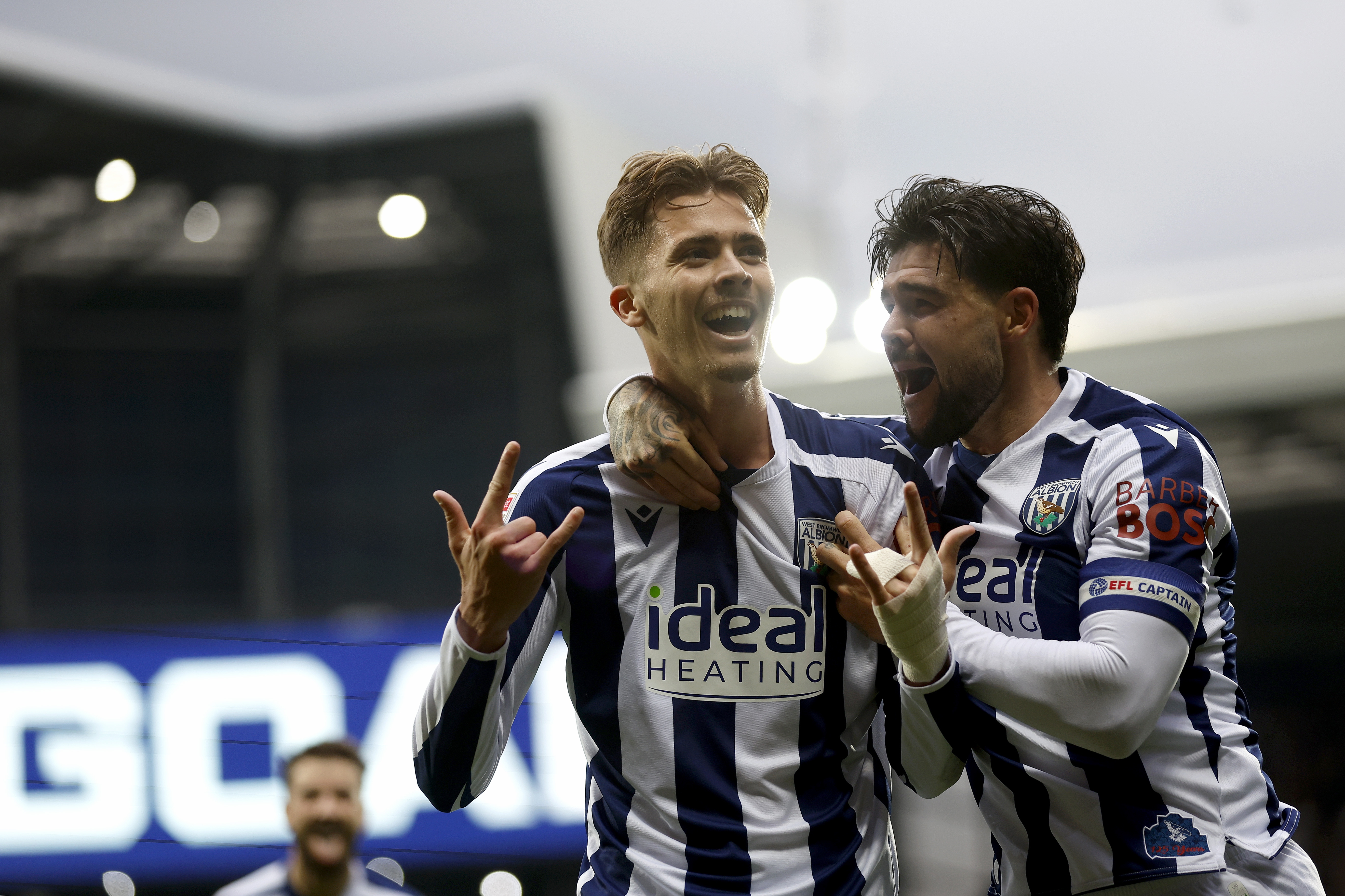 Isaac Price celebrates scoring against PNE with Alex Mowatt