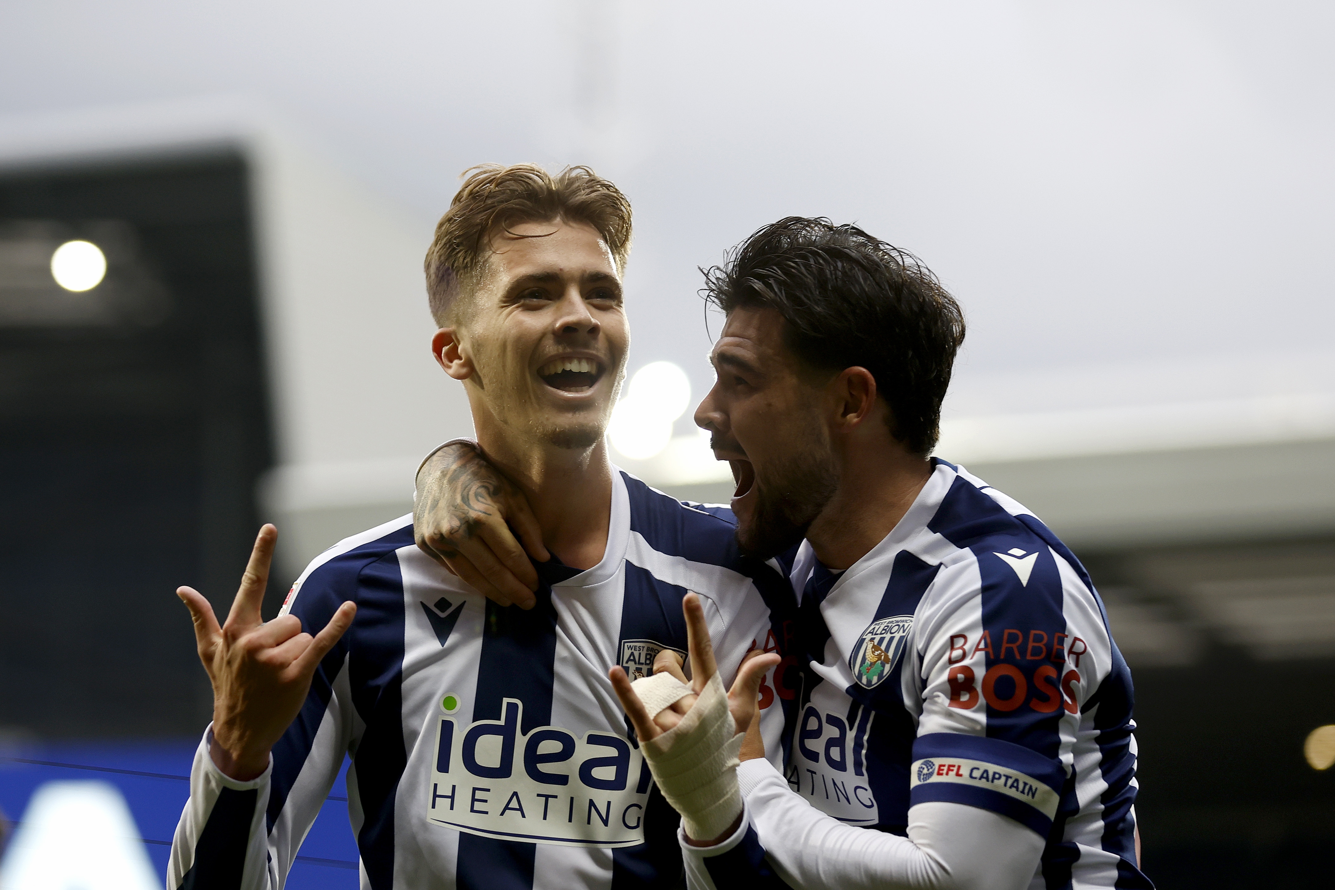 Isaac Price celebrates scoring against PNE with Alex Mowatt