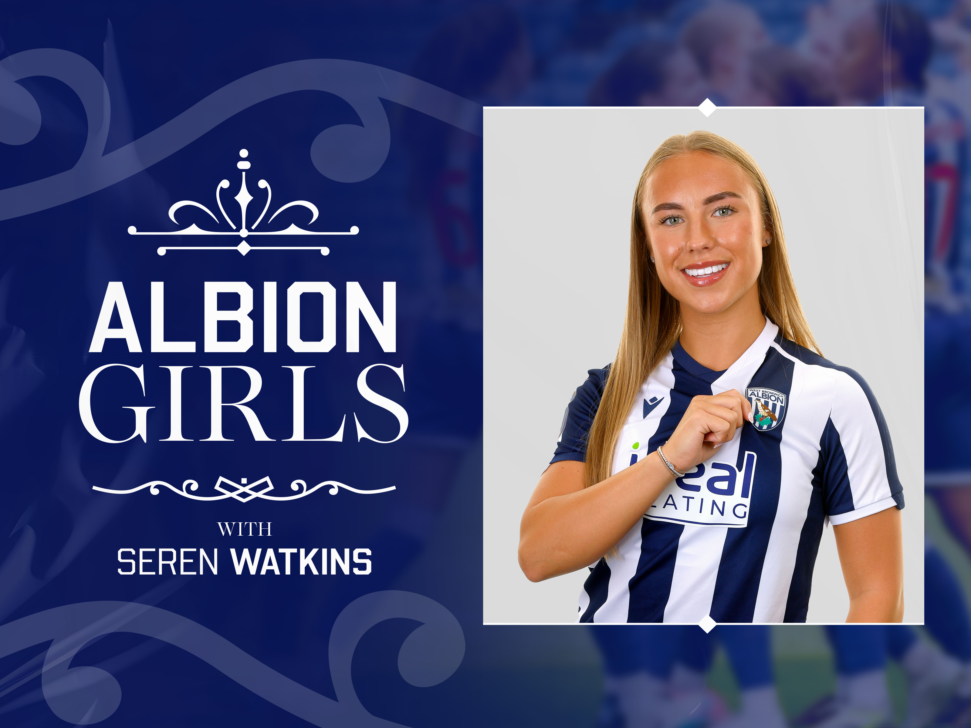 Albion girls graphic with an image of Seren Watkins in the home kit smiling at the camera 
