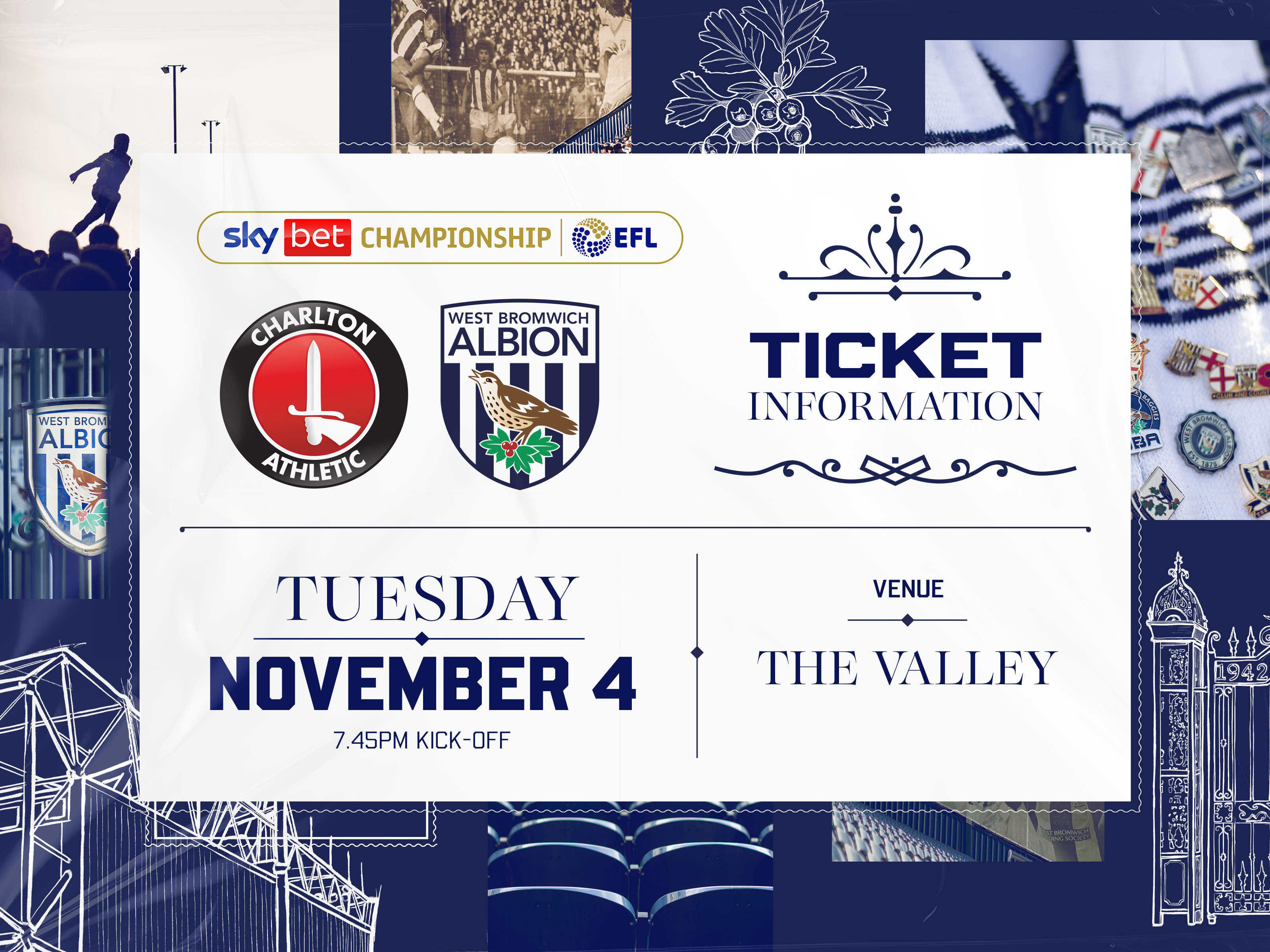A ticket graphic displaying information for Albion's game against Charlton