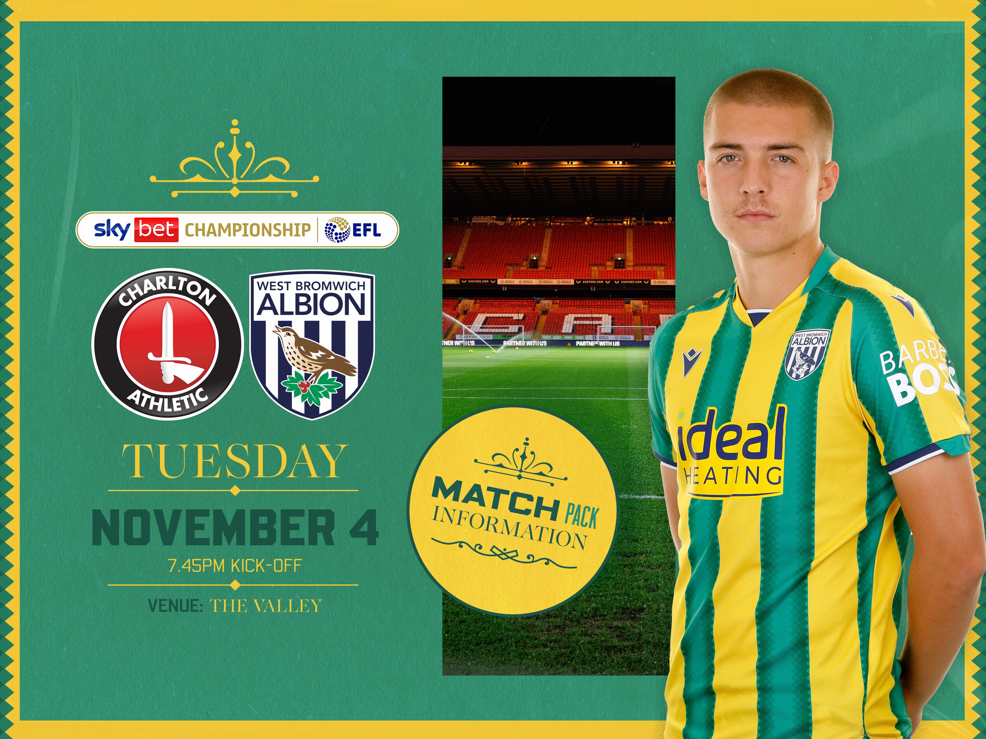Away match pack graphic in green and yellow colours for Charlton game with both club badges on, an image of The Valley and Alfie Gilchrist in the green and yellow kit smiling at the camera  