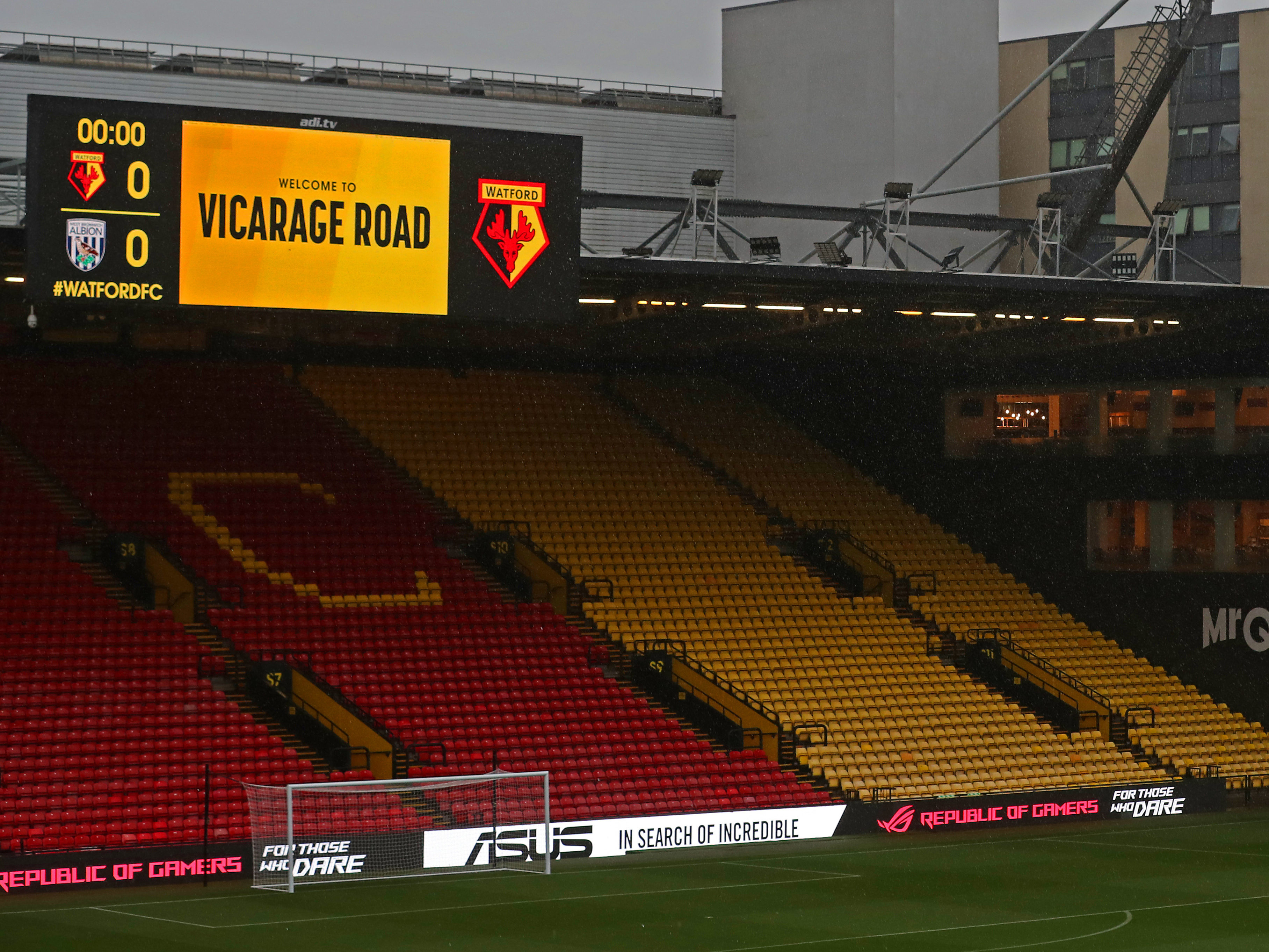 A general view of Watford's Vicarage Road with a big screen with Watford and WBA badges on 
