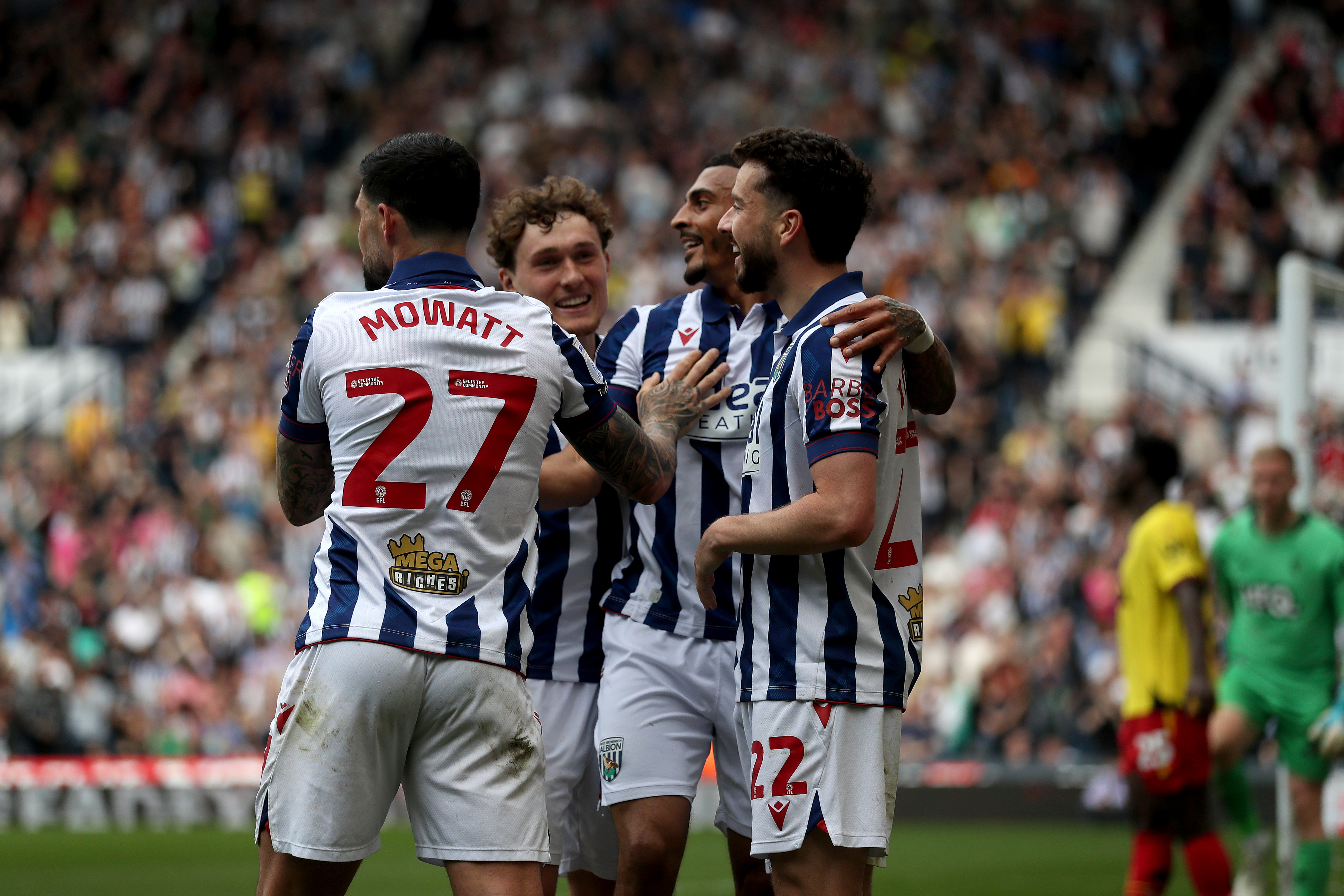 Alex Mowatt, Callum Styles, Karlan Grant and Mikey Johnston celebrating a goal against Watford in April 2025