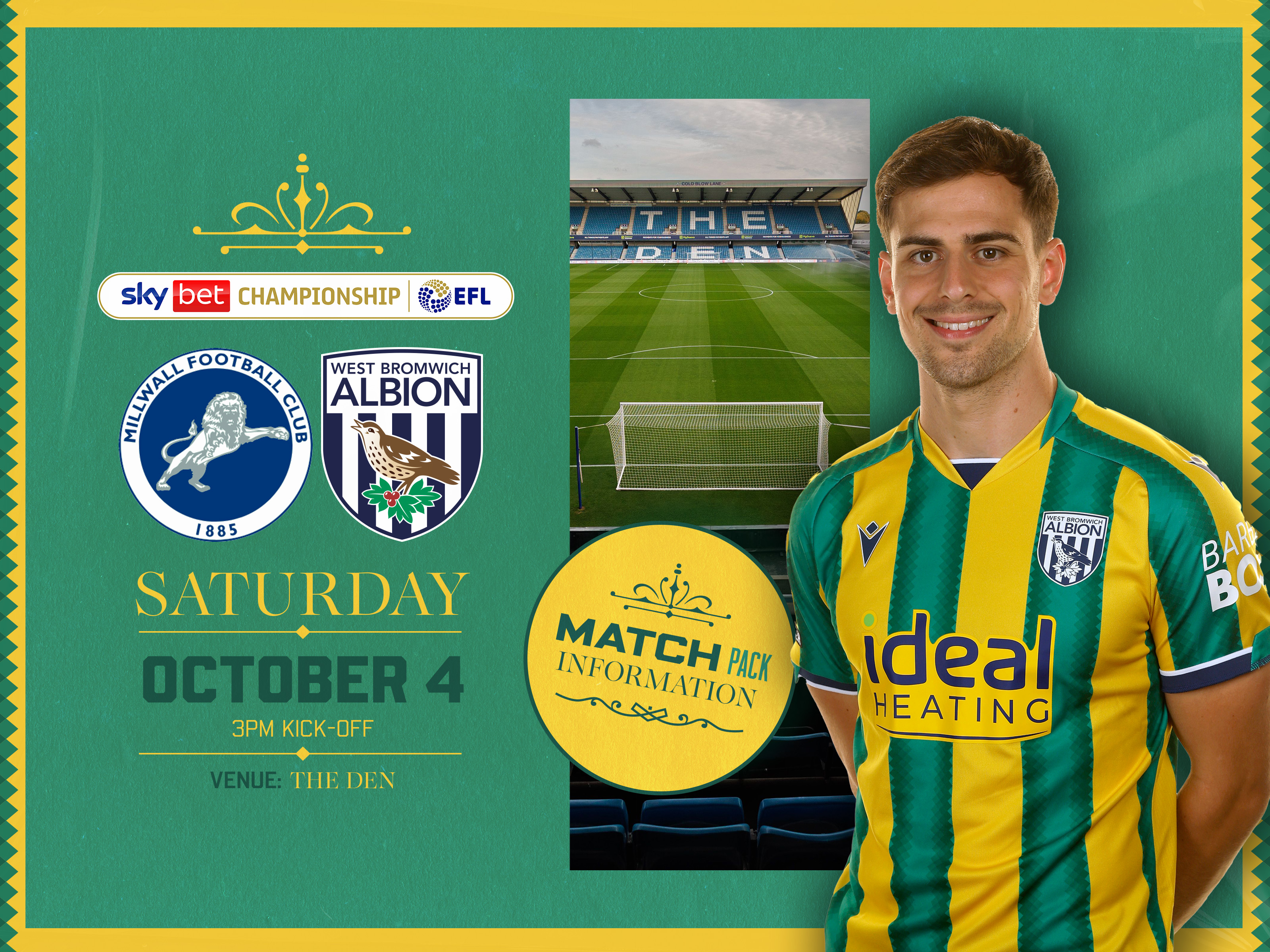 Away match pack graphic in green and yellow colours for Millwall game with both club badges on, an image of The Den and Jayson Molumby in the green and yellow kit smiling at the camera  