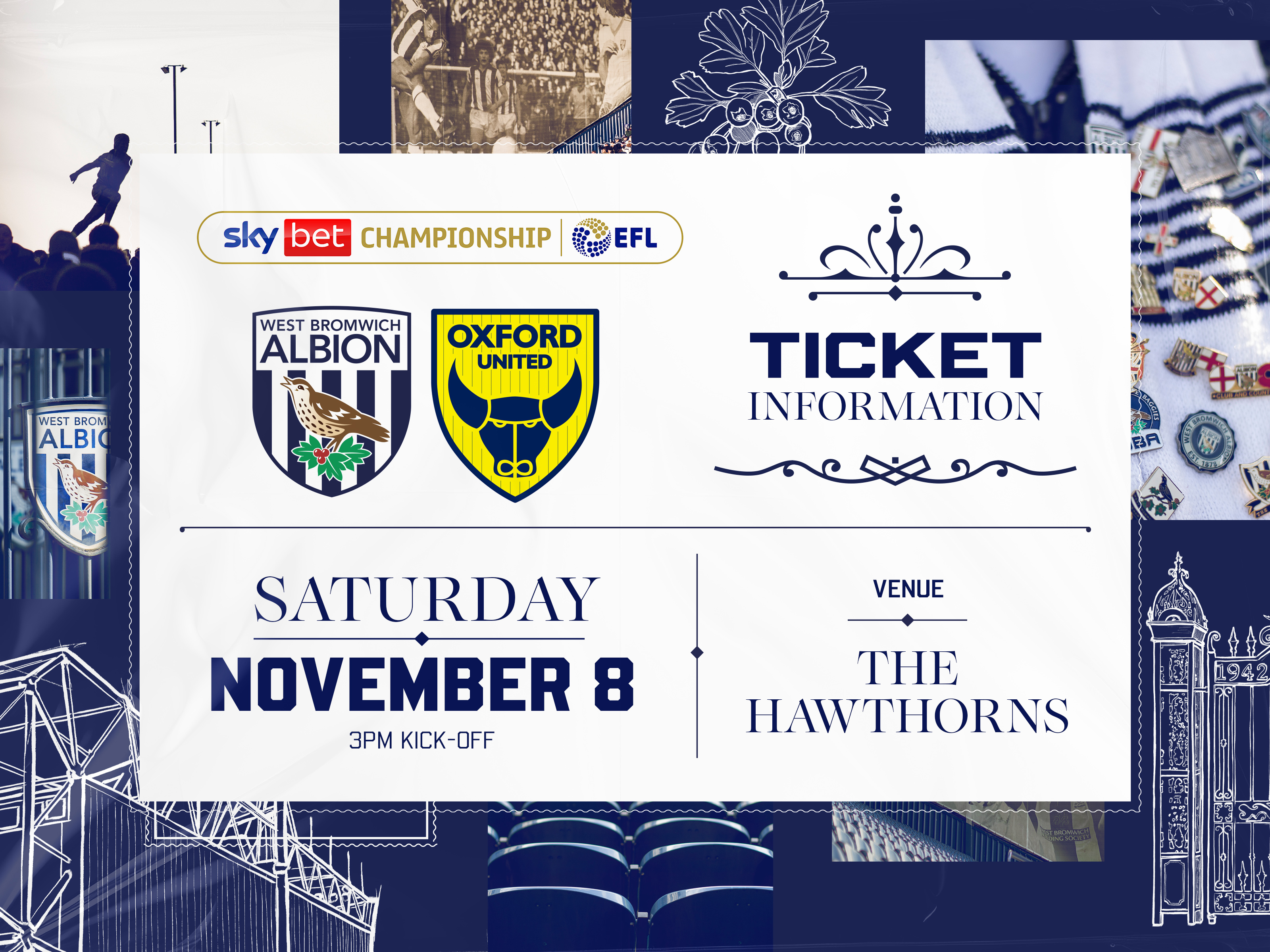 A ticket graphic displaying information for Albion's game against Oxford