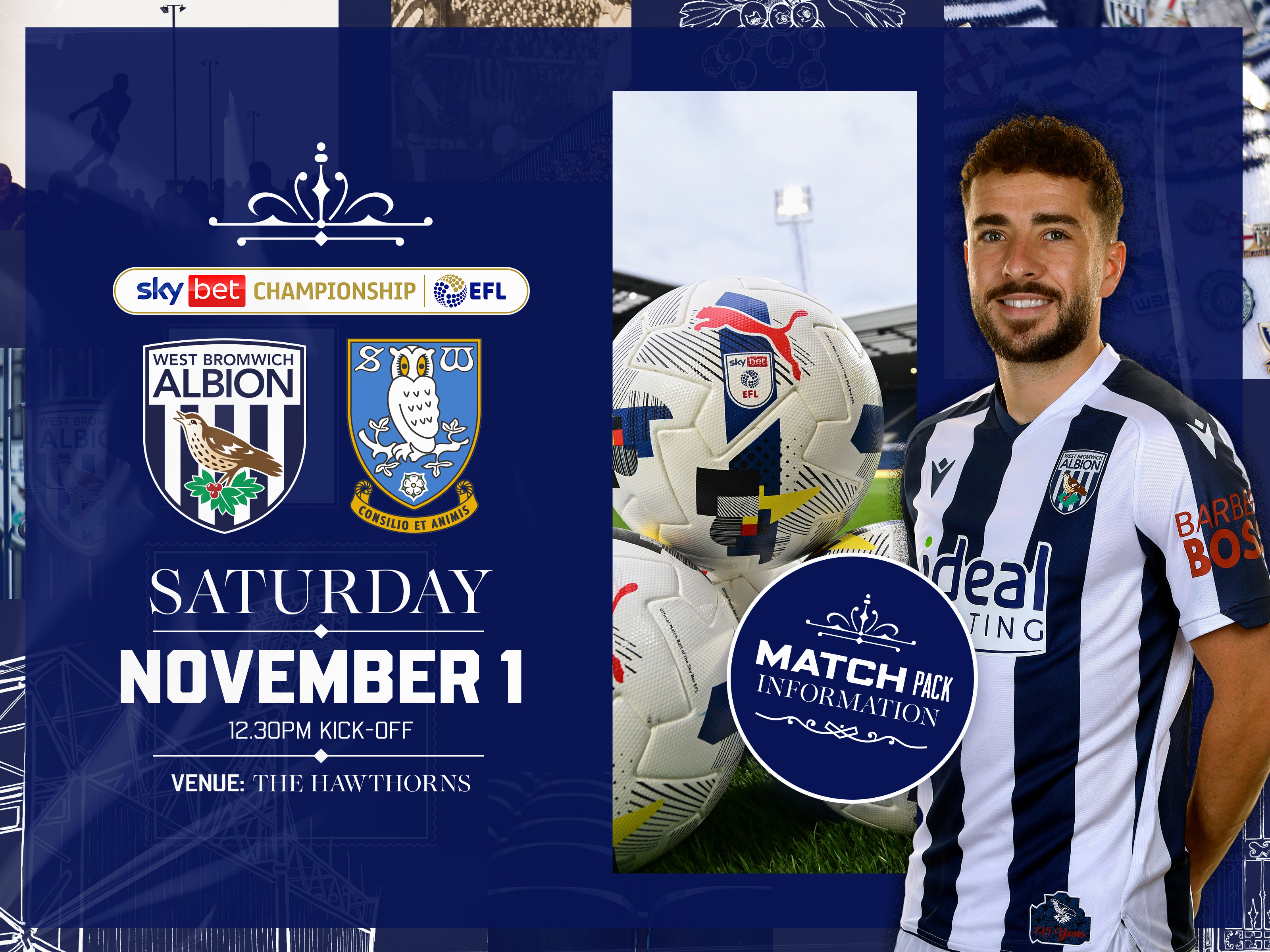 Home match pack graphic for Sheffield Wednesday fixture with both club badges on and an image of Mikey Johnston smiling at the camera while stood in the home kit and an image of three footballs on the pitch at The Hawthorns