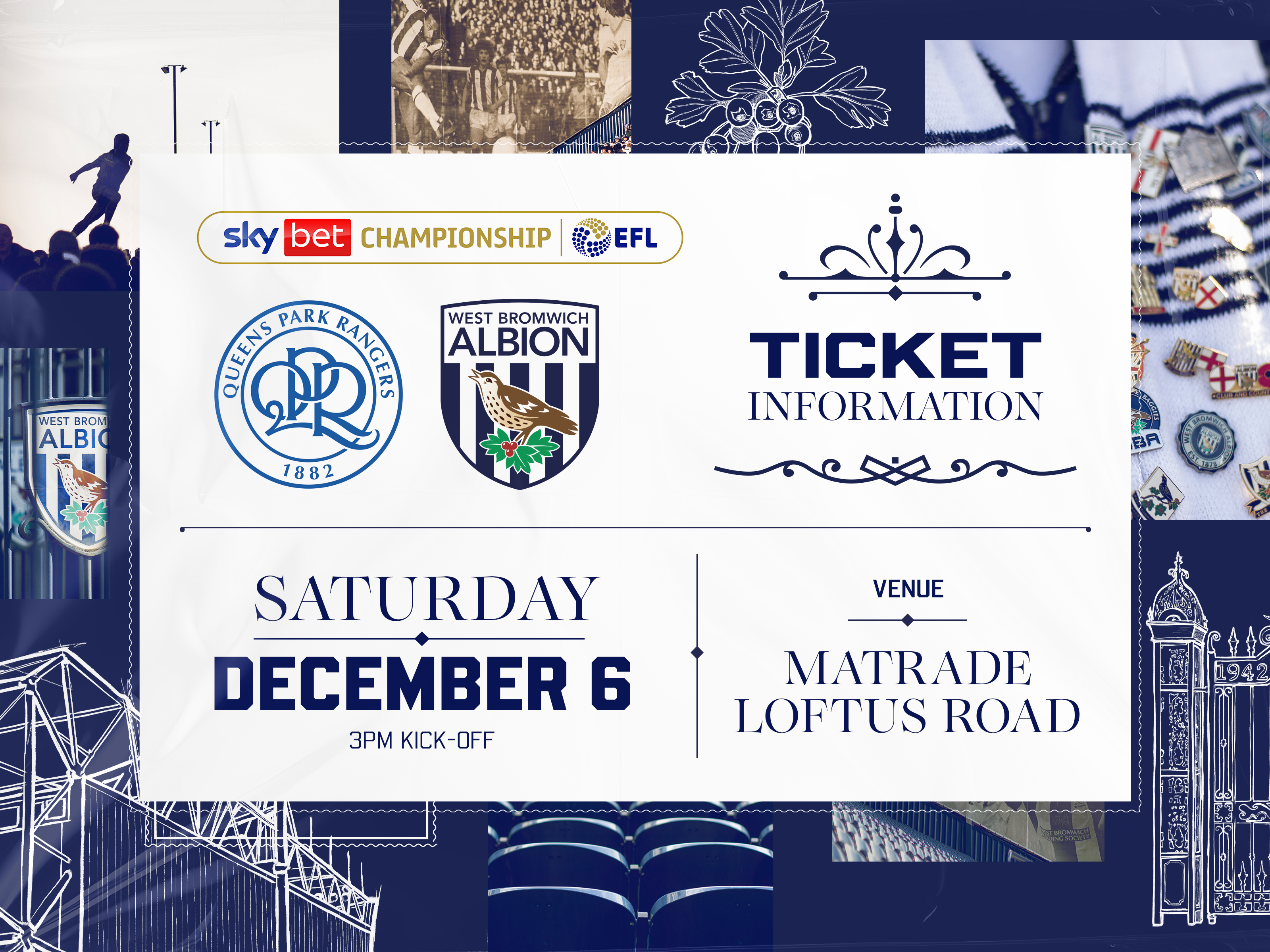 A ticket graphic displaying information for Albion's game against QPR