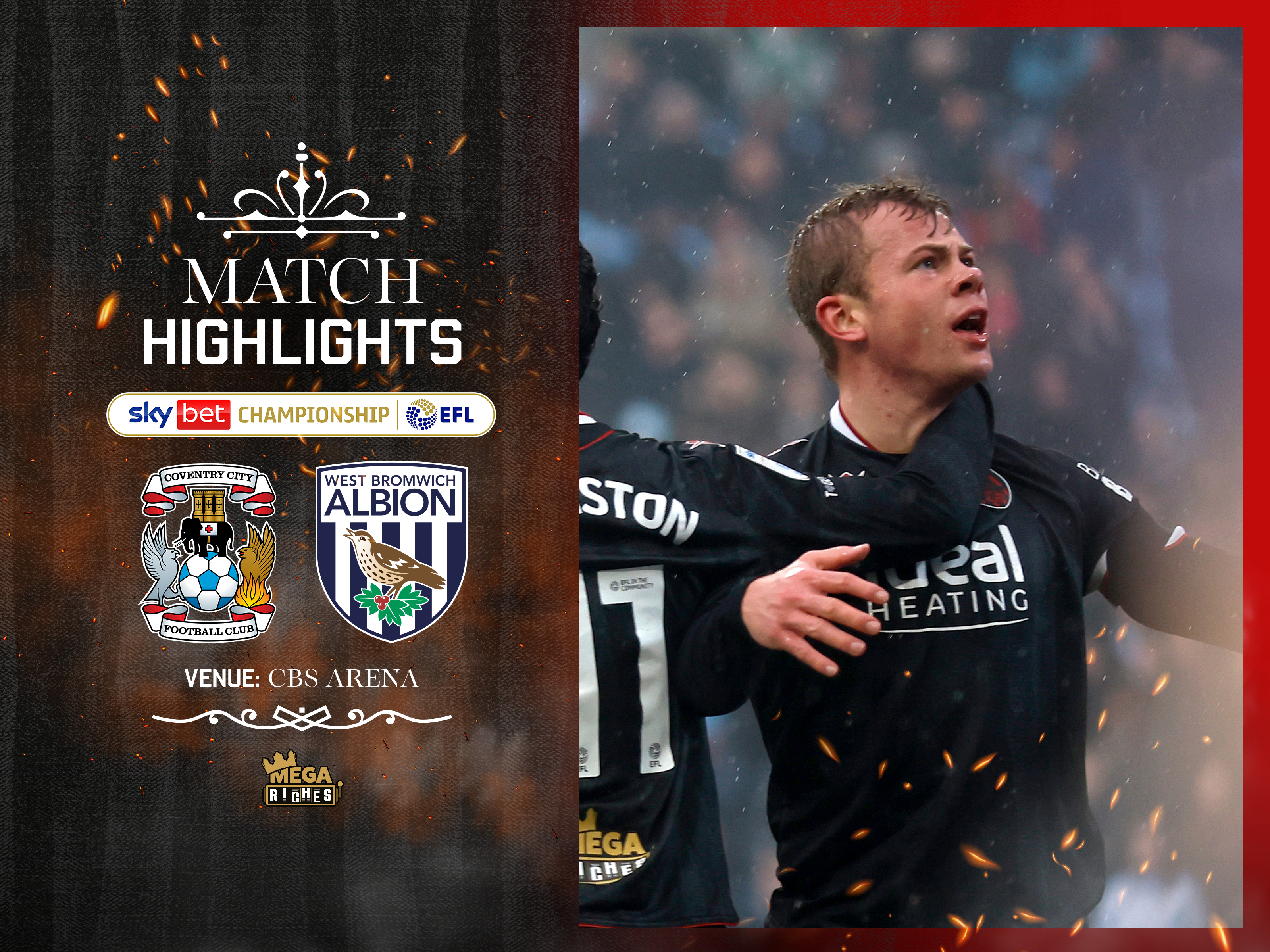 A match highlights graphic in the 2025/26 black away kit colours, showing the badges of Coventry and Albion and a photo of Aune Heggebo