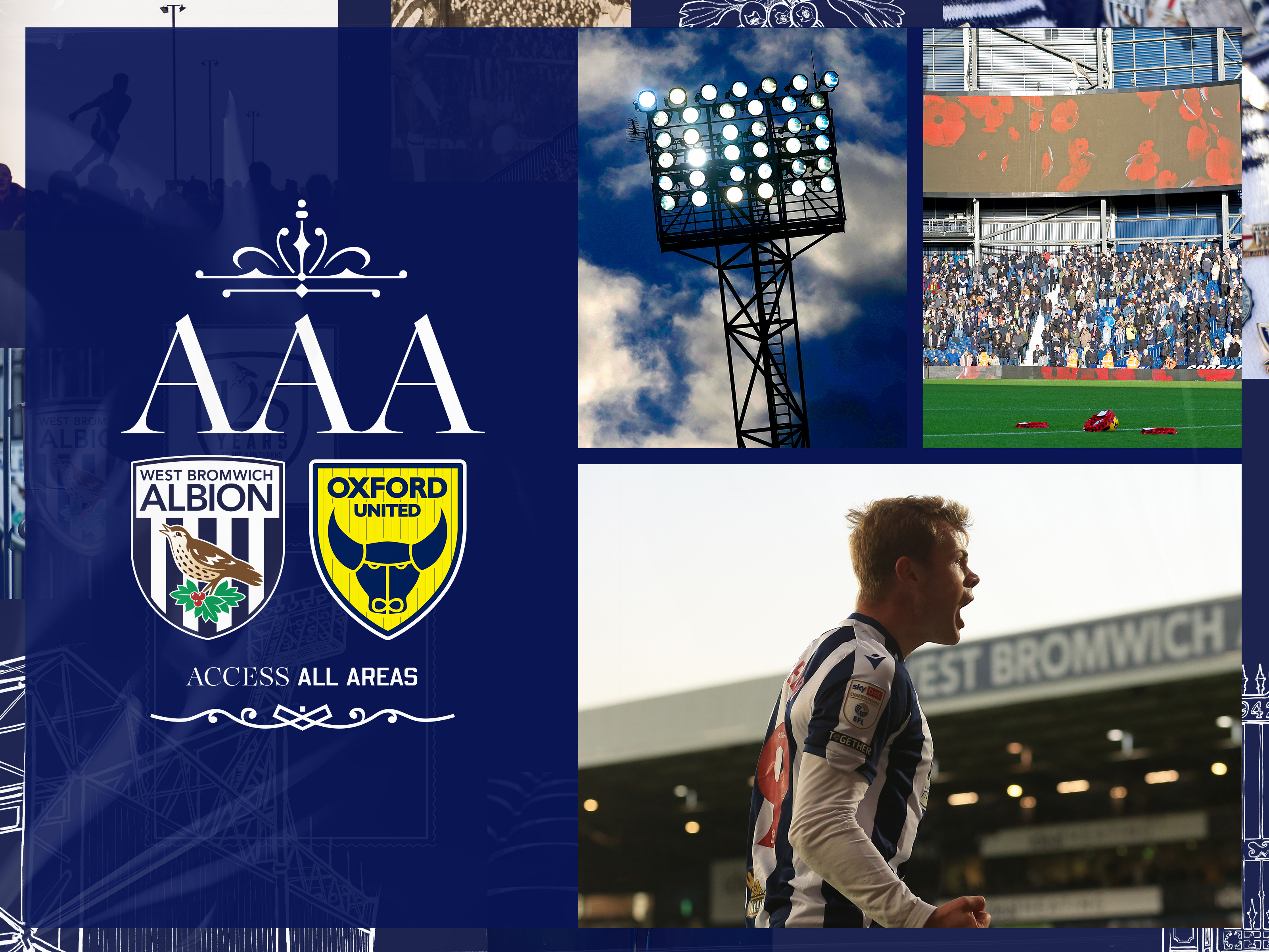 An AAA matchday graphic showing the badges of Albion and Oxford