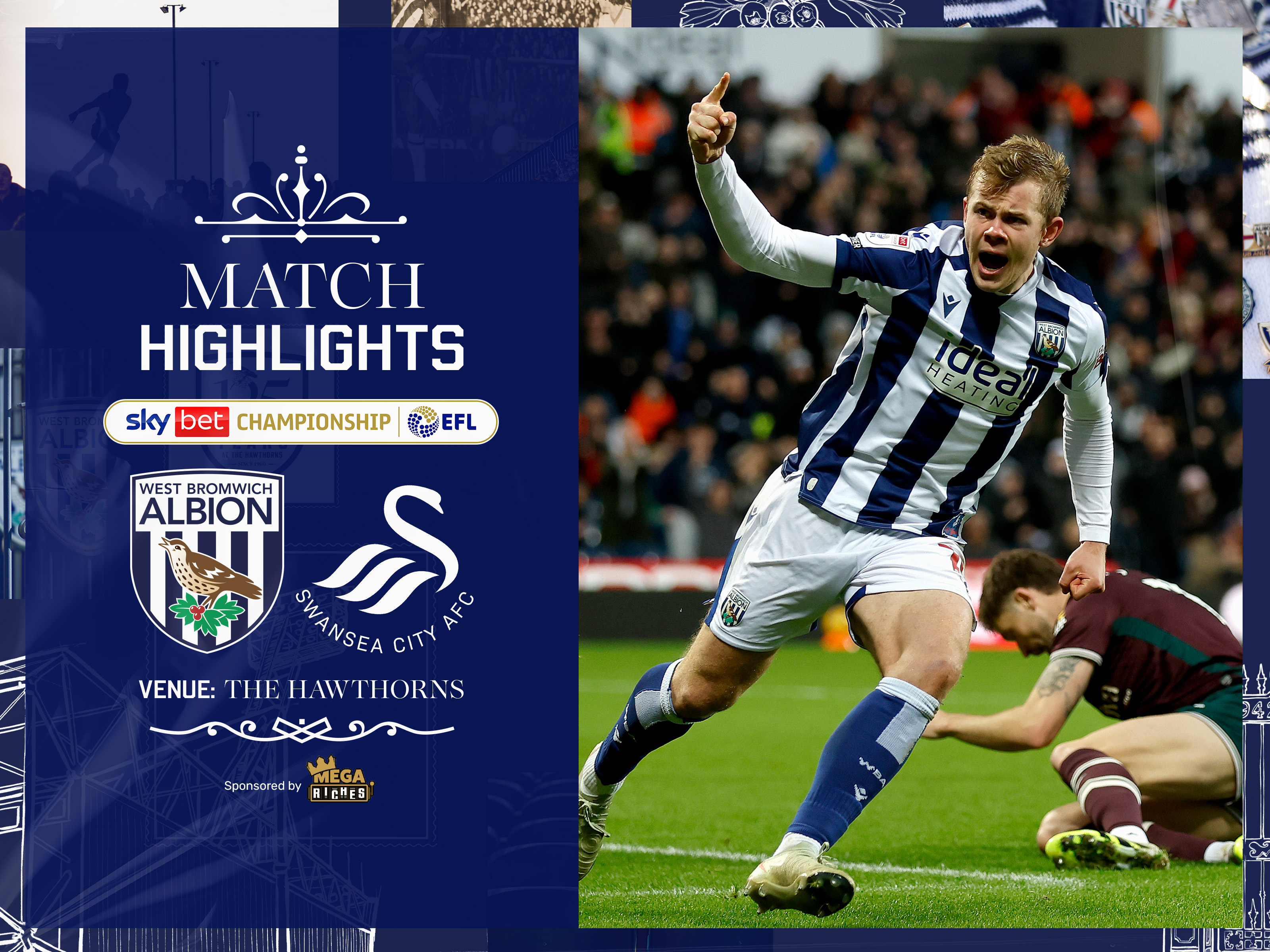 A match highlights graphic showing the badges of Albion and Swansea City, and a photo of Aune Heggebø celebrating