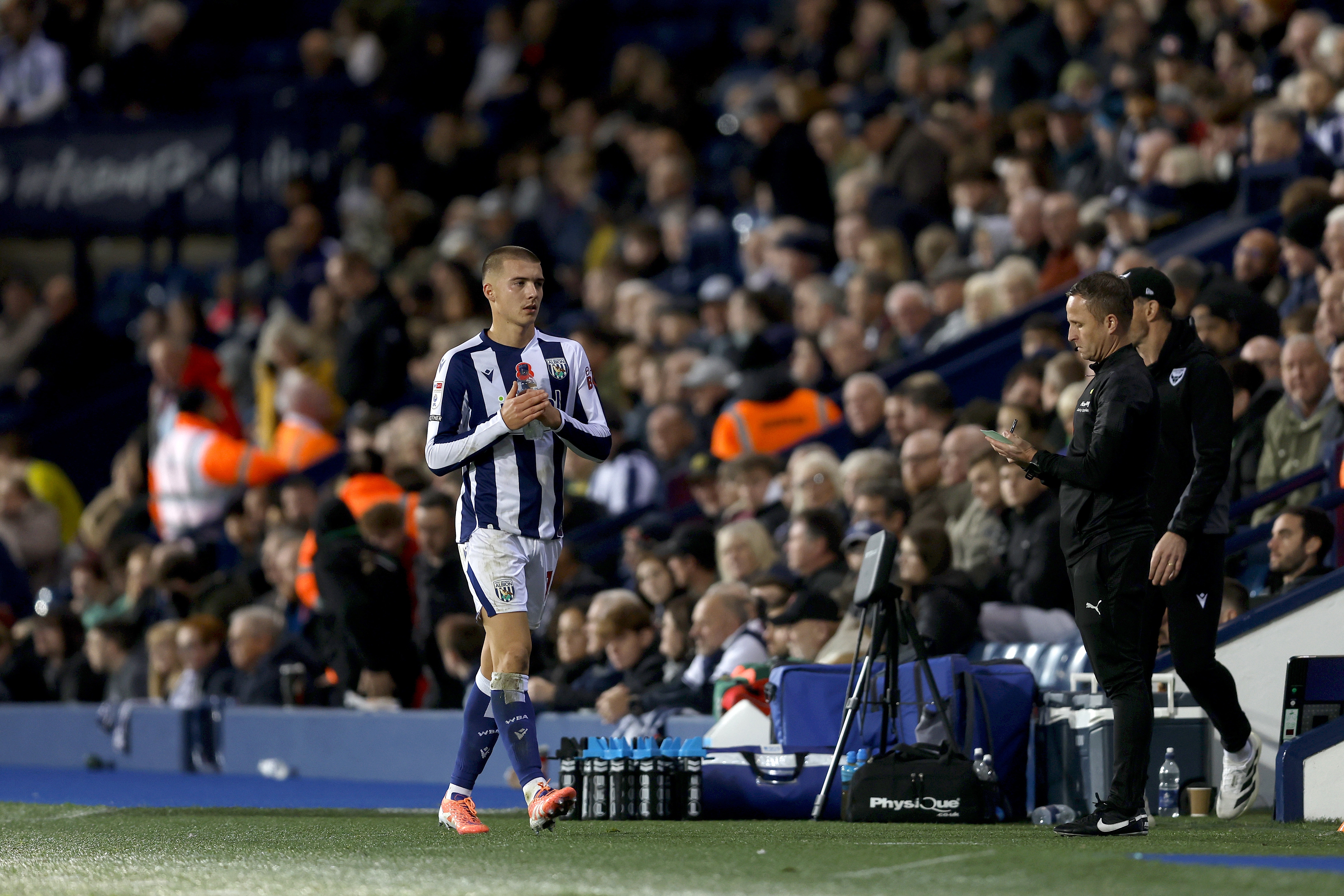 Alfie Gilchrist clapping WBA fans after coming off against Oxford 
