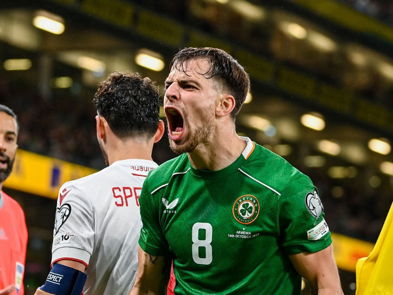 Jayson Molumby celebrating for Ireland in their home kit 