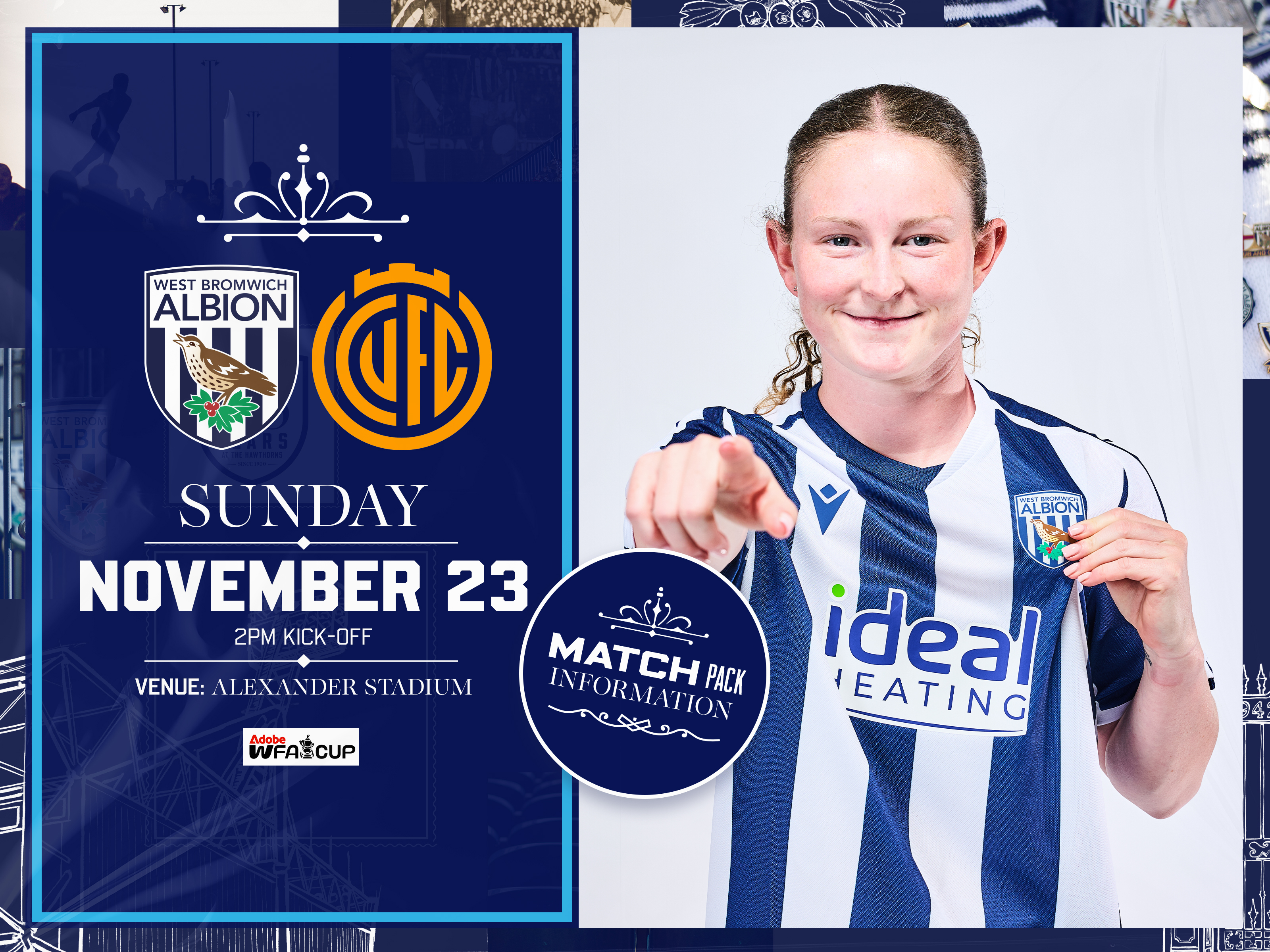 Albion Women match pack vs Cambridge with both badges on and an image of Liv Rabjohn pointing and smiling at the camera in a home shirt 
