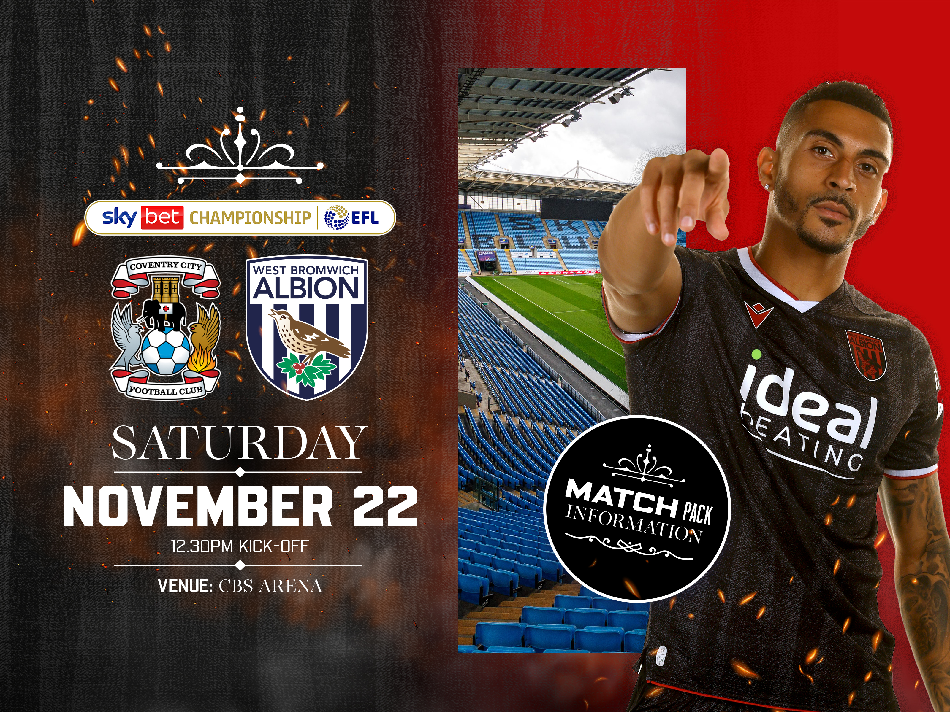 Away match pack graphic in black colours for Coventry game with both club badges on, an image of the CBS Arena and Karlan Grant in the black kit smiling and pointing at the camera  