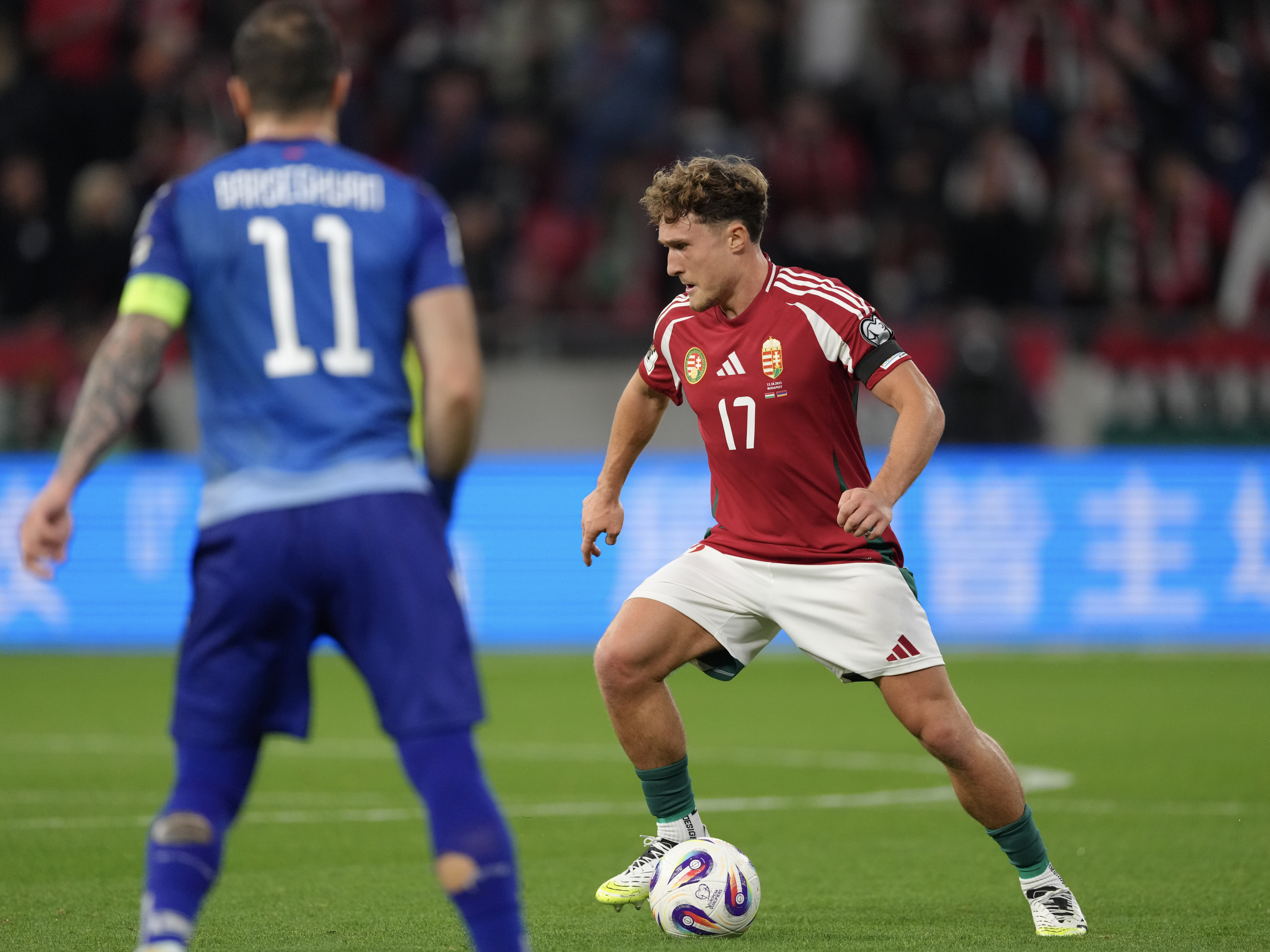 Callum Styles on the ball for Hungary 
