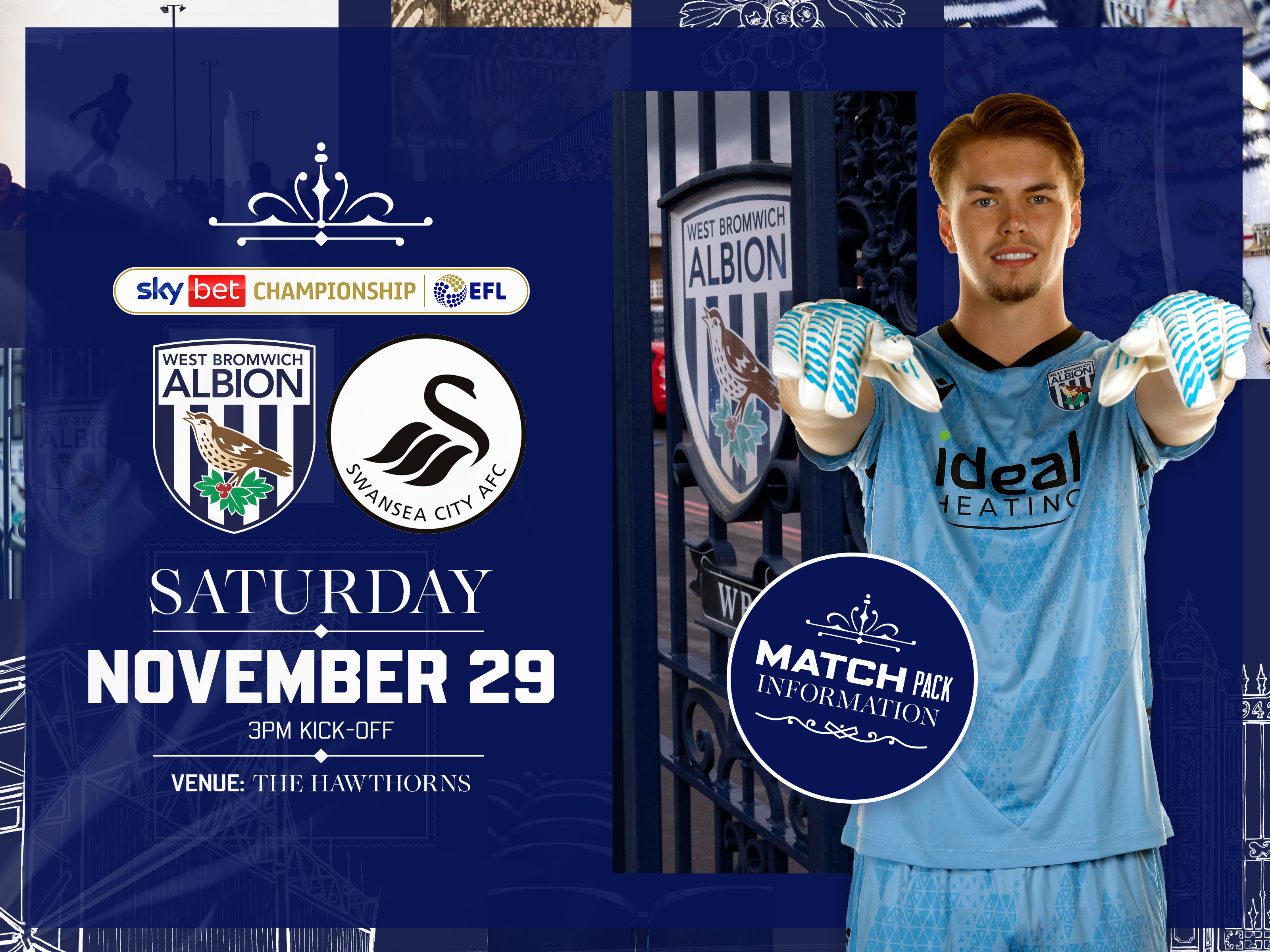 Home match pack graphic for Swansea with both club badges on, an image of The Hawthorns and an image of Josh Griffiths in the blue home goalkeeper kit smiling and pointing at the camera 