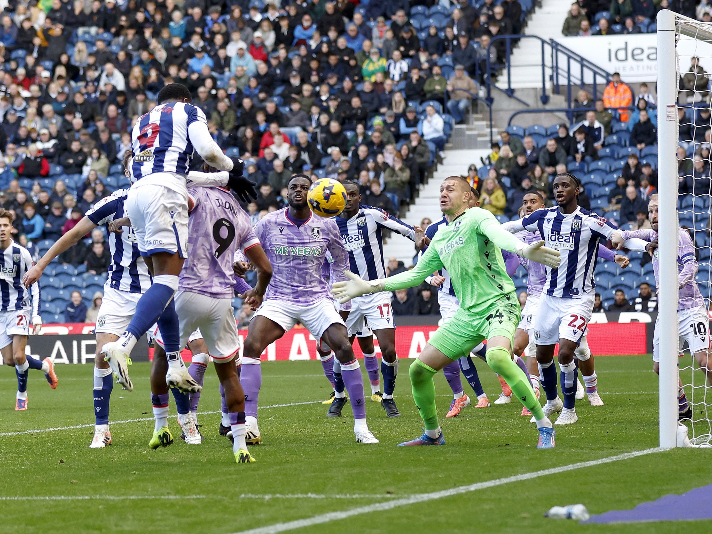 An image of Josh Maja heading the ball against Sheffield Wednesday
