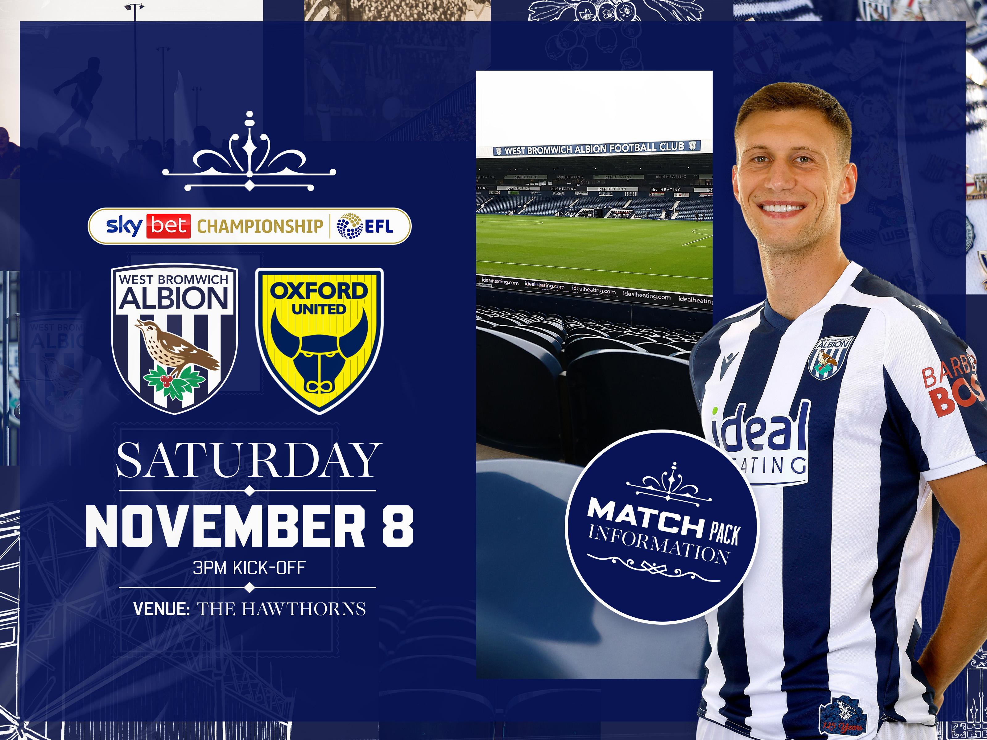 Home match pack graphic for Oxford match with both club badges, an image of Krystian Bielik smiling at the camera in the home kit and an image of The Hawthorns on 