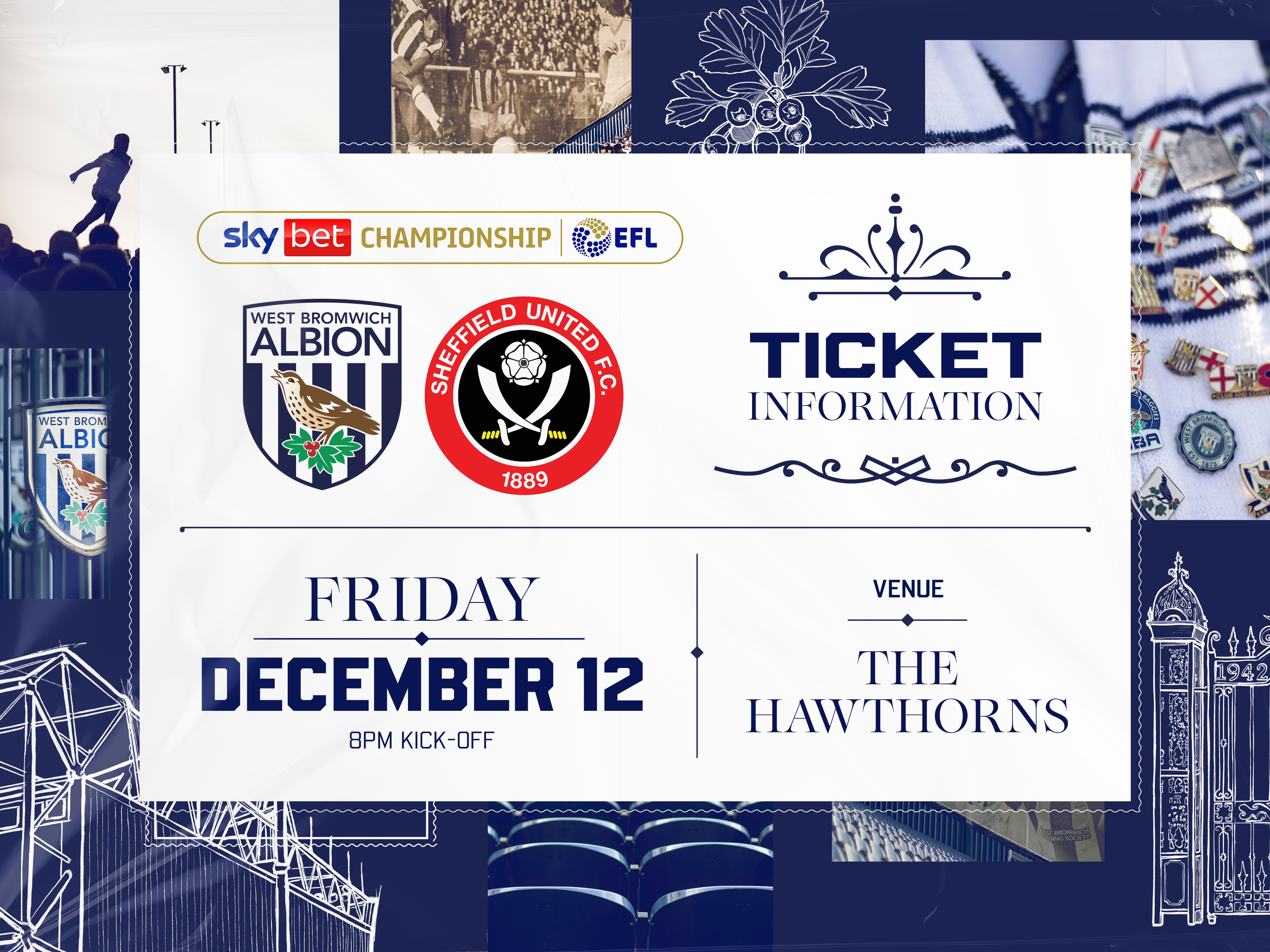 A ticket graphic displaying information for Albion's game against Sheffield United