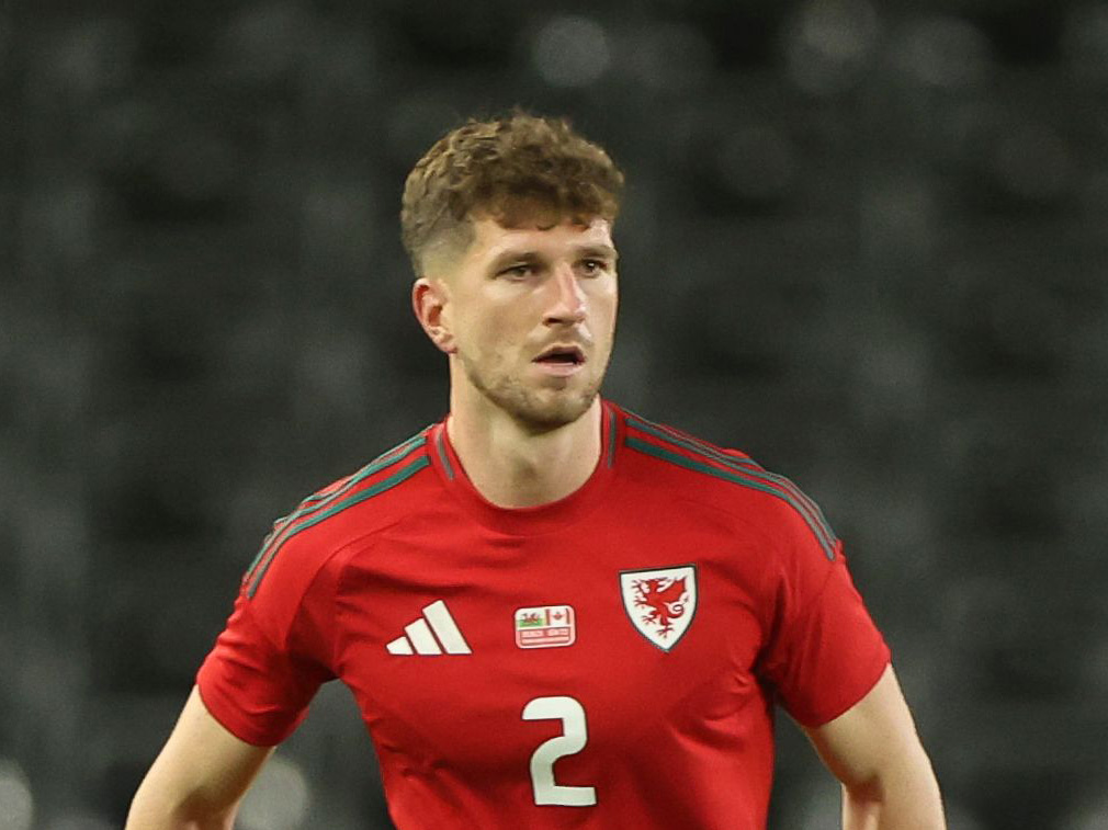 Chris Mepham in action for Wales in their home kit 