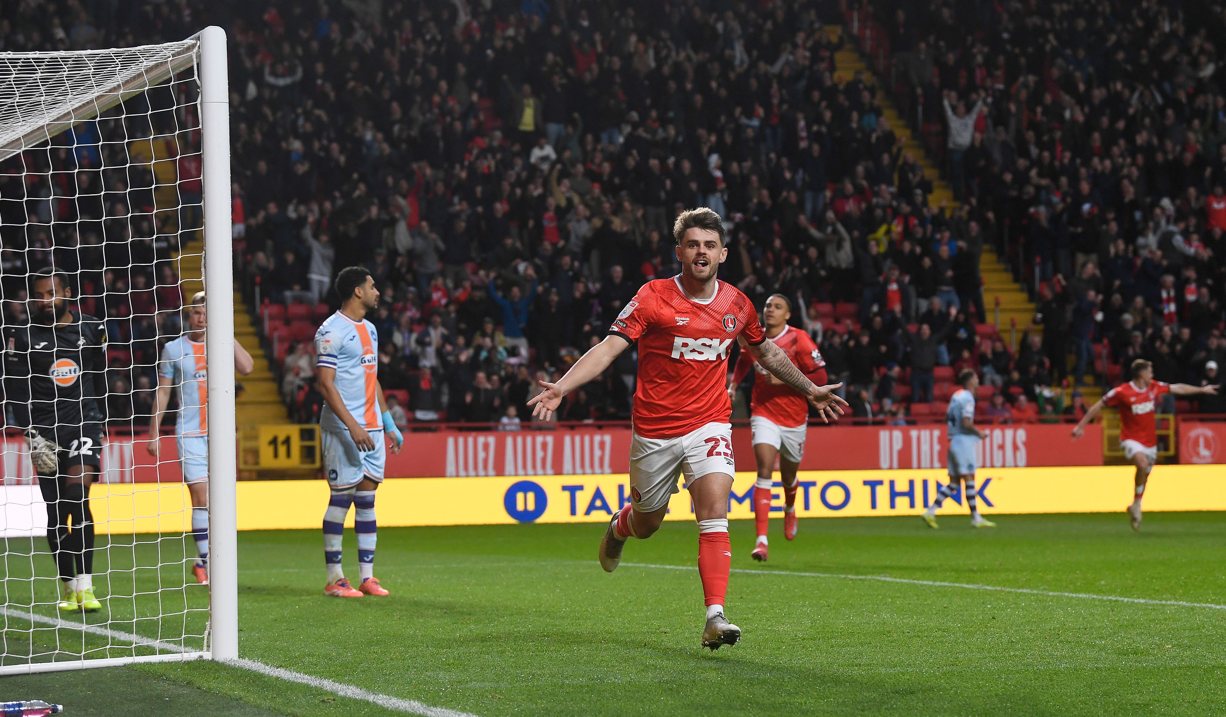 Charlie Kelman of Charlton Athletic celebrates scoring against Swansea 