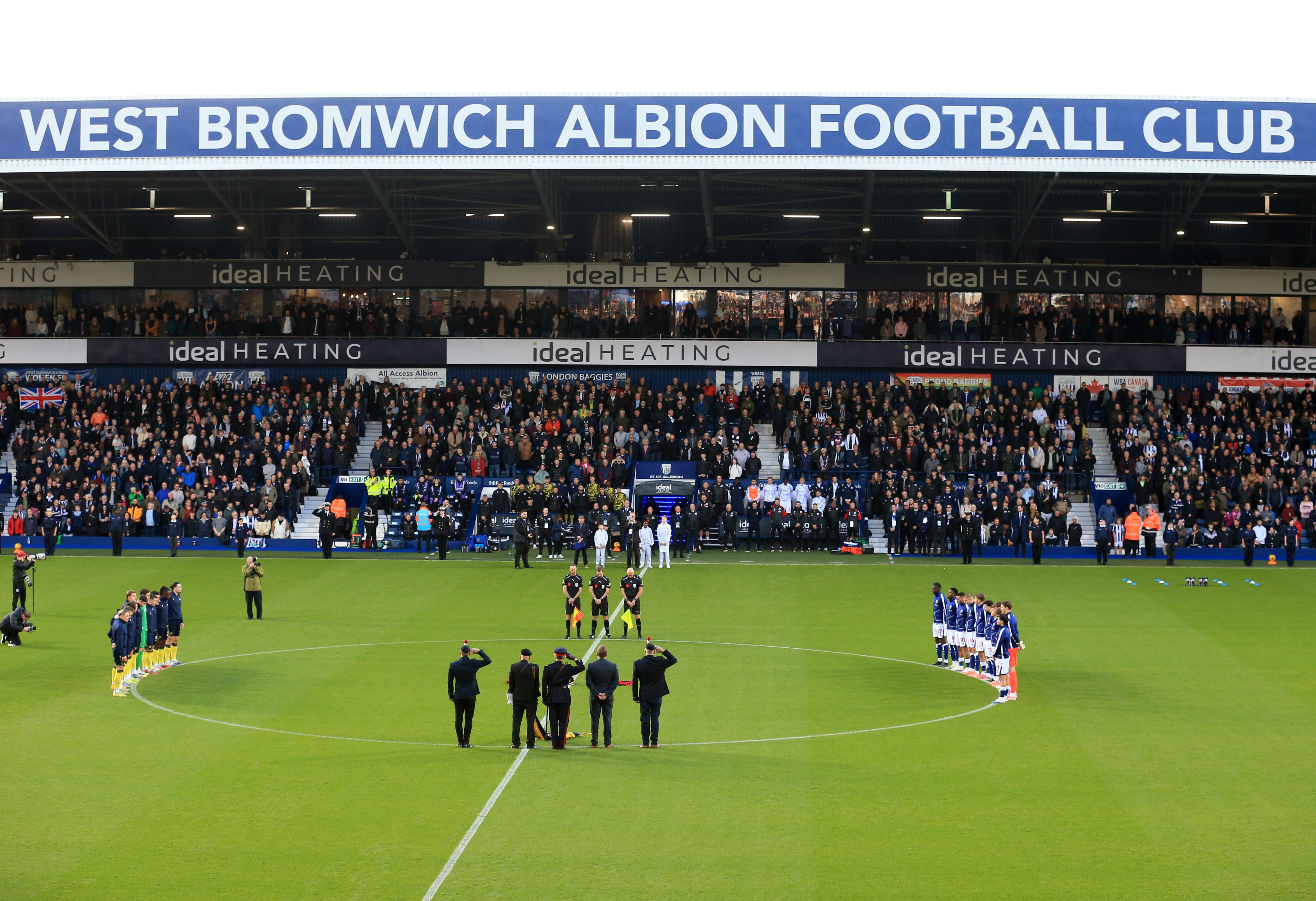 A general view of the moment of silence at The Hawthorns with both teams on the centre circle 