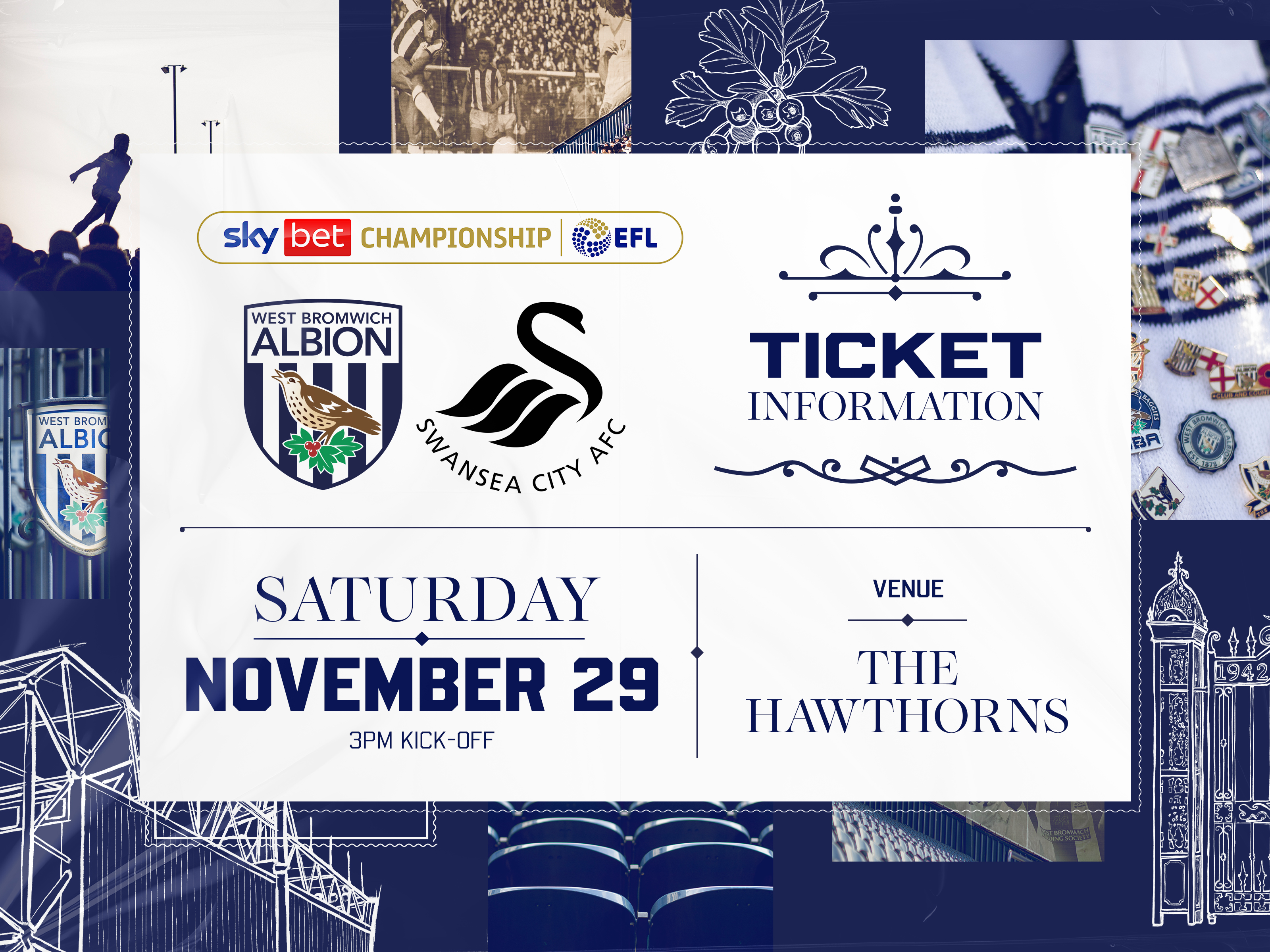 A ticket graphic displaying information for Albion's game against Swansea