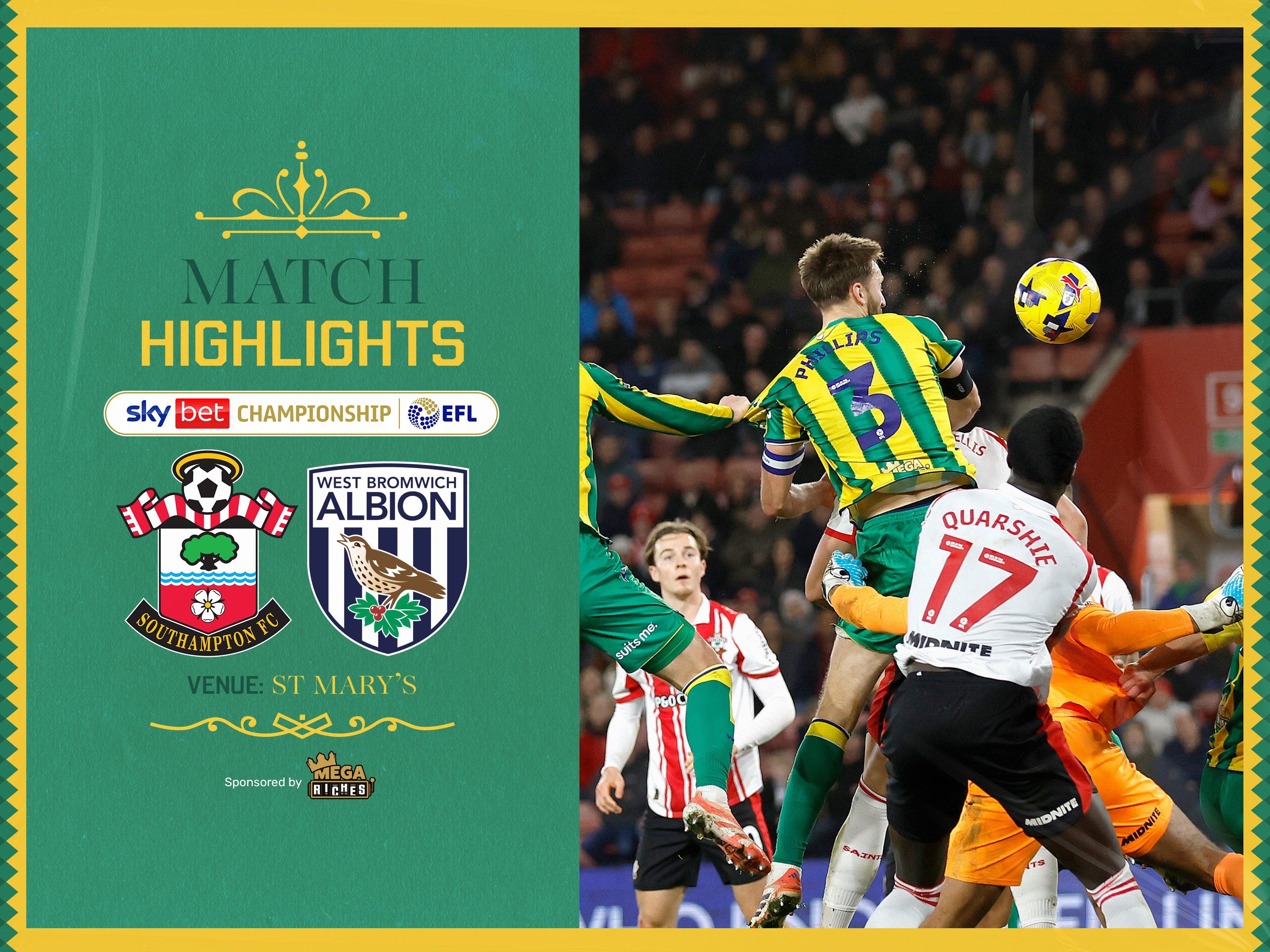 A match highlights graphic in the 2025/26 yellow and green away colours, showing the badges of Southampton and Albion