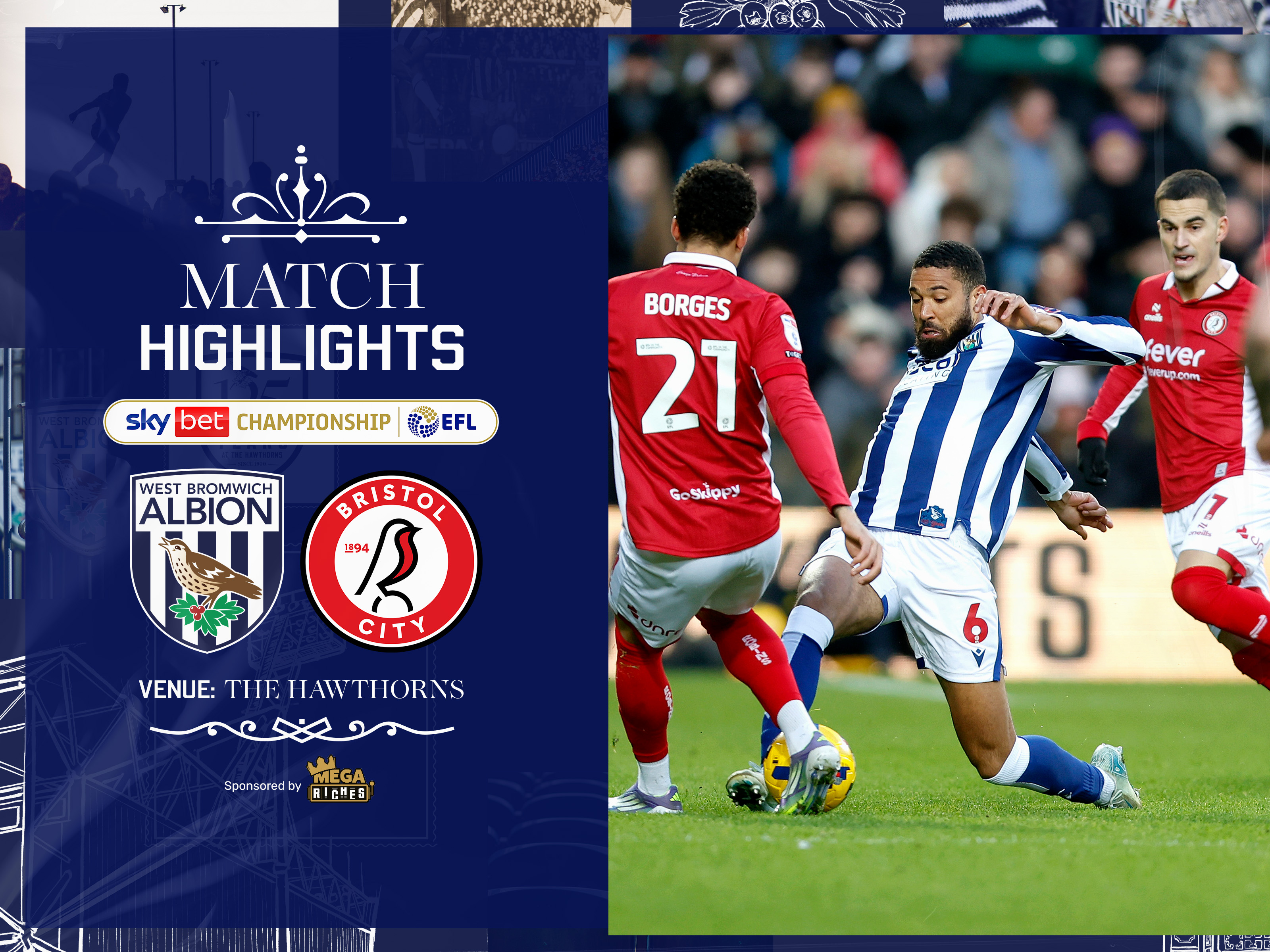 A match highlights graphic showing the badges of Albion and Bristol City