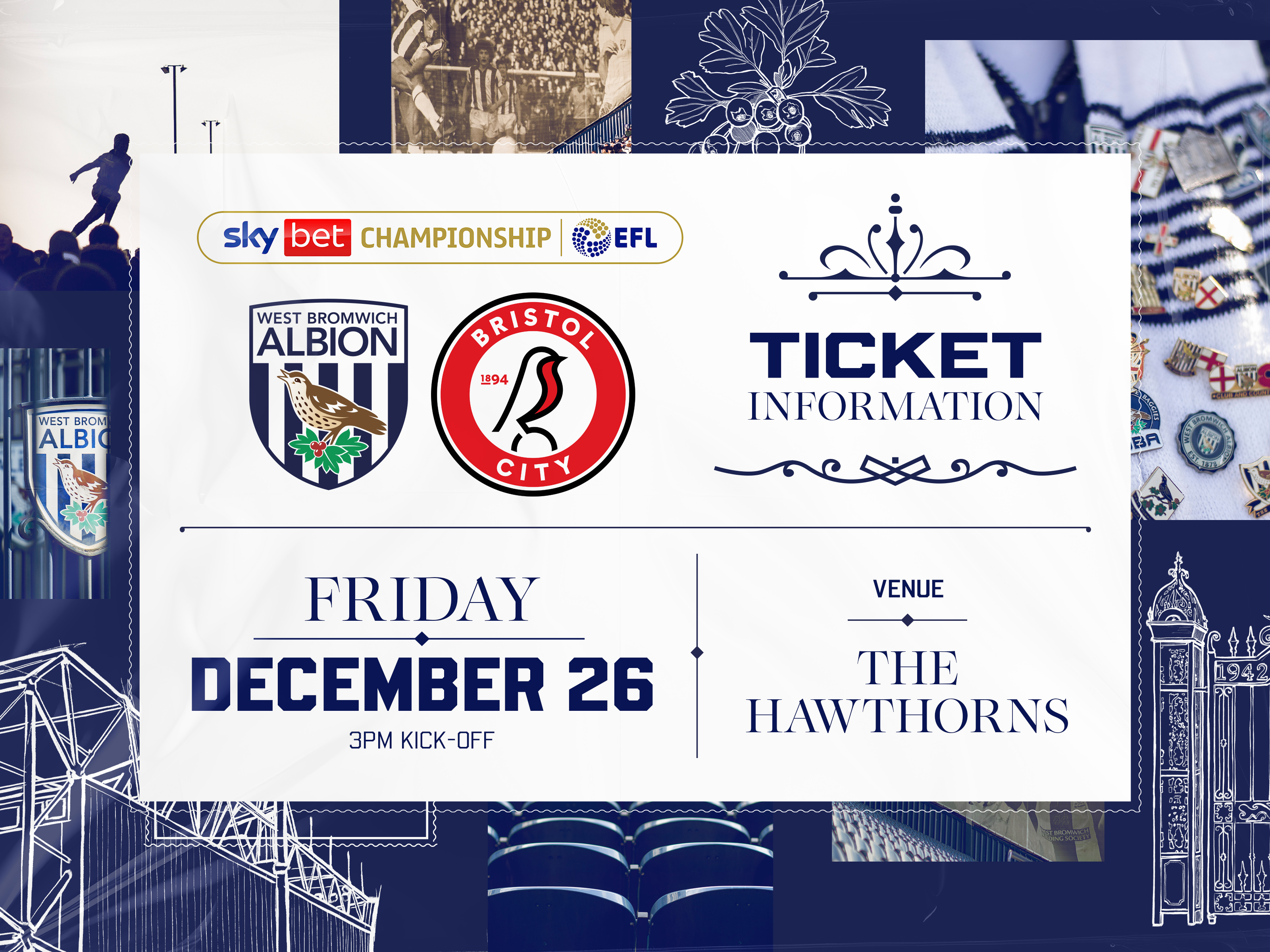 A ticket graphic displaying information for Albion's game against Bristol City